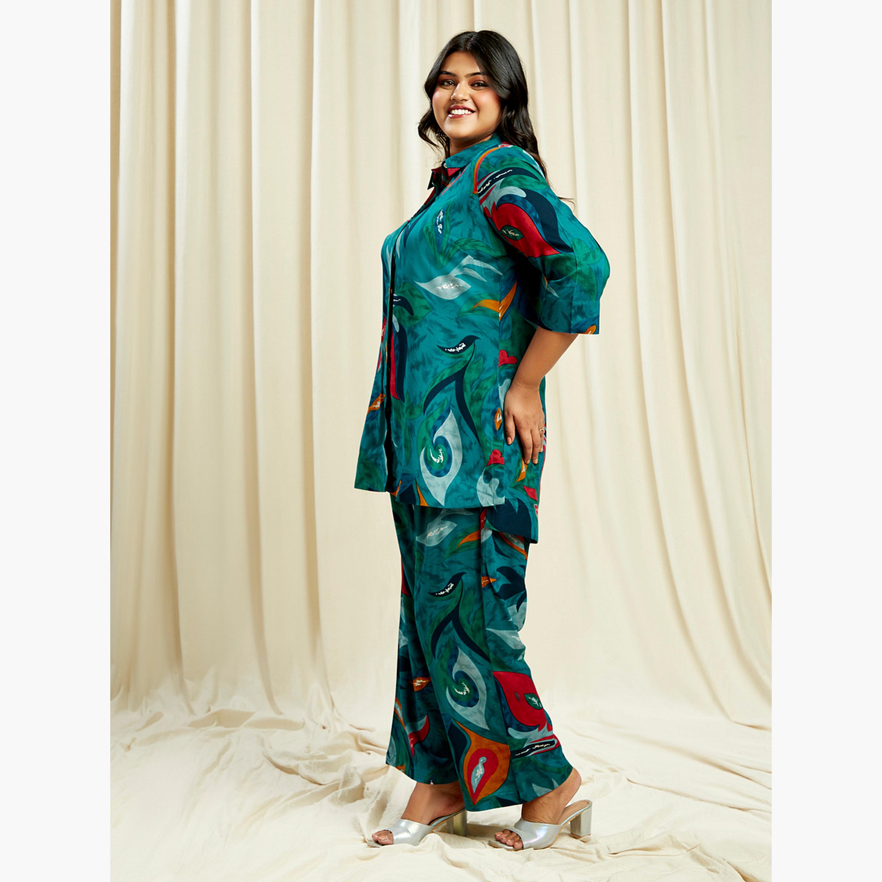 Globus X Styli Plus Size Abstract Print Shirt and Pants Co-Ords-women-clothing-coordsets-image-2