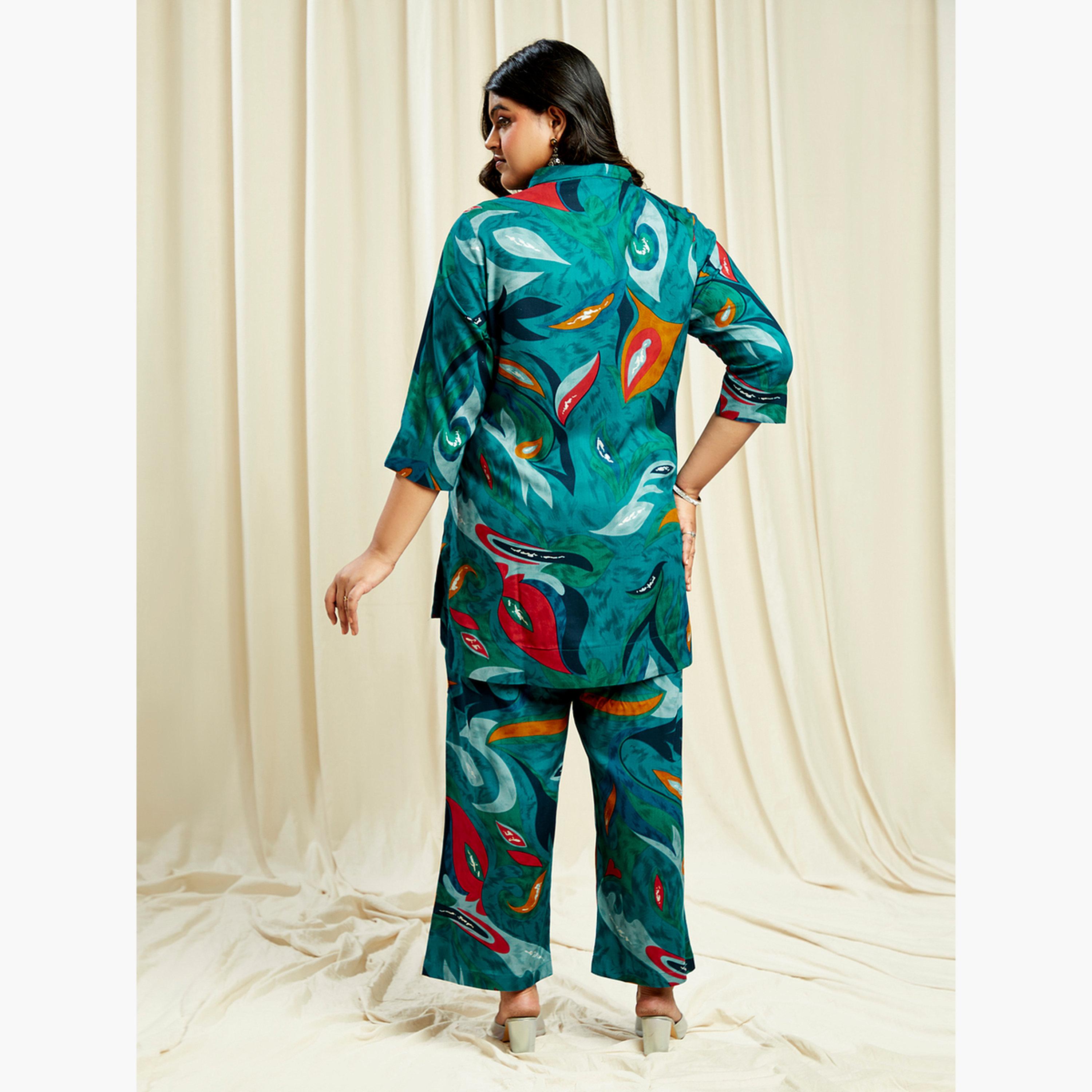 Globus X Styli Plus Size Abstract Print Shirt and Pants Co-Ords-women-clothing-coordsets-image-3