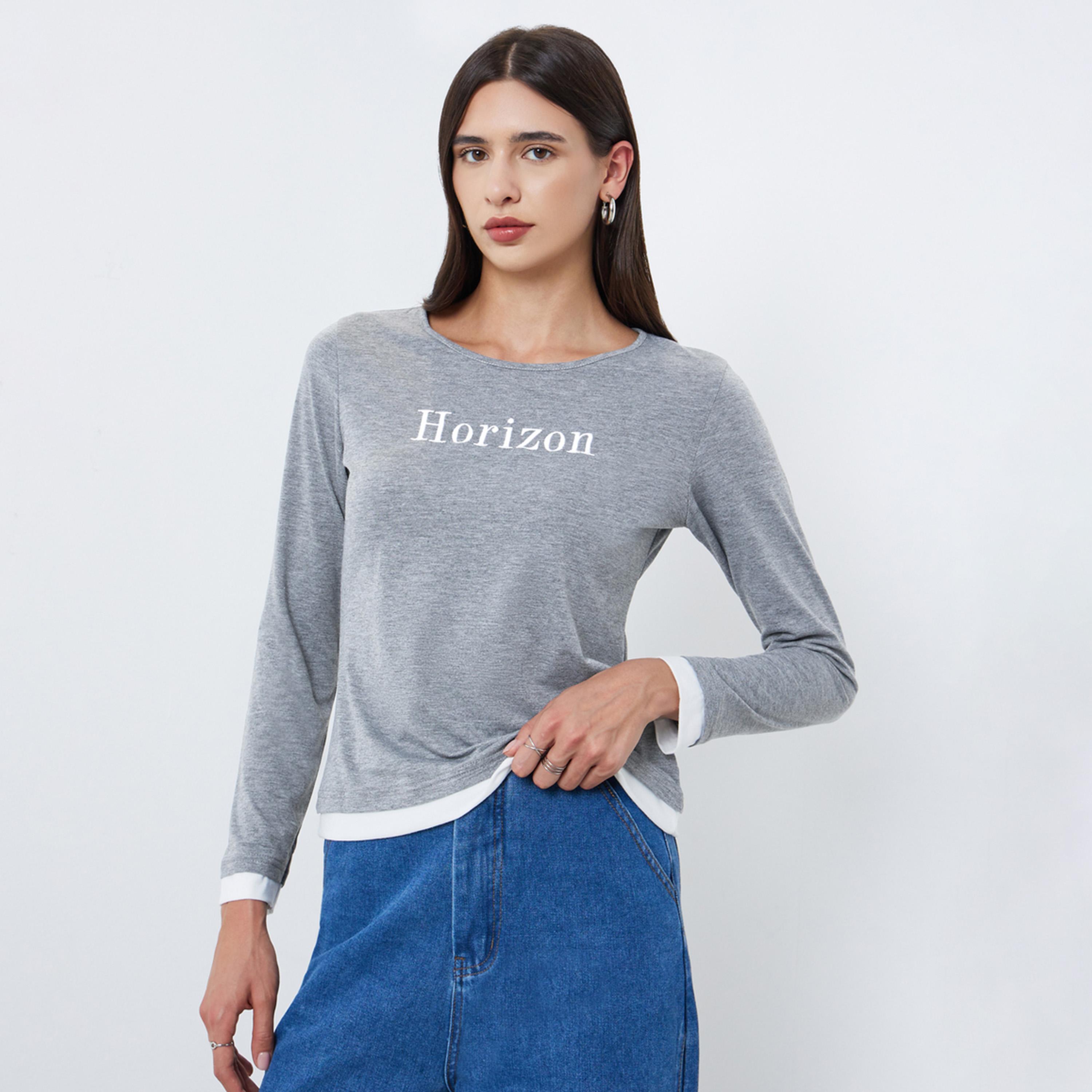 Styli Grey Embroidered Contrast Trim Regular Fit T-Shirt-women-clothing-tshirts-image-1