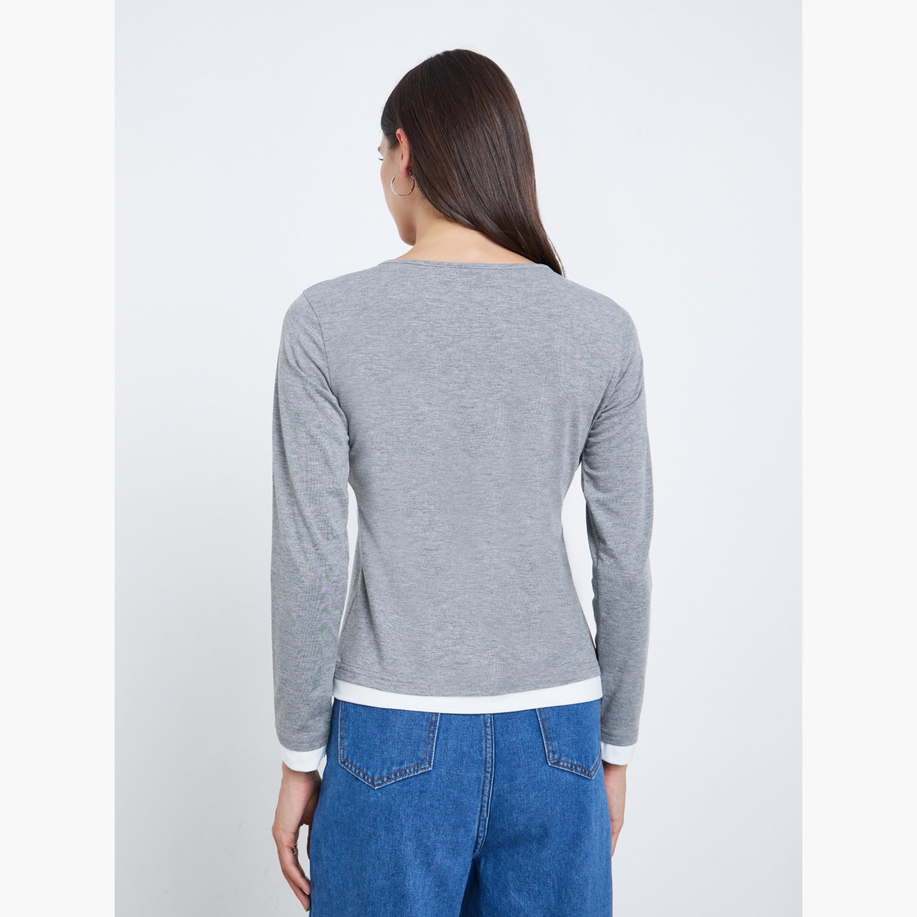 Styli Grey Embroidered Contrast Trim Regular Fit T-Shirt-women-clothing-tshirts-image-4