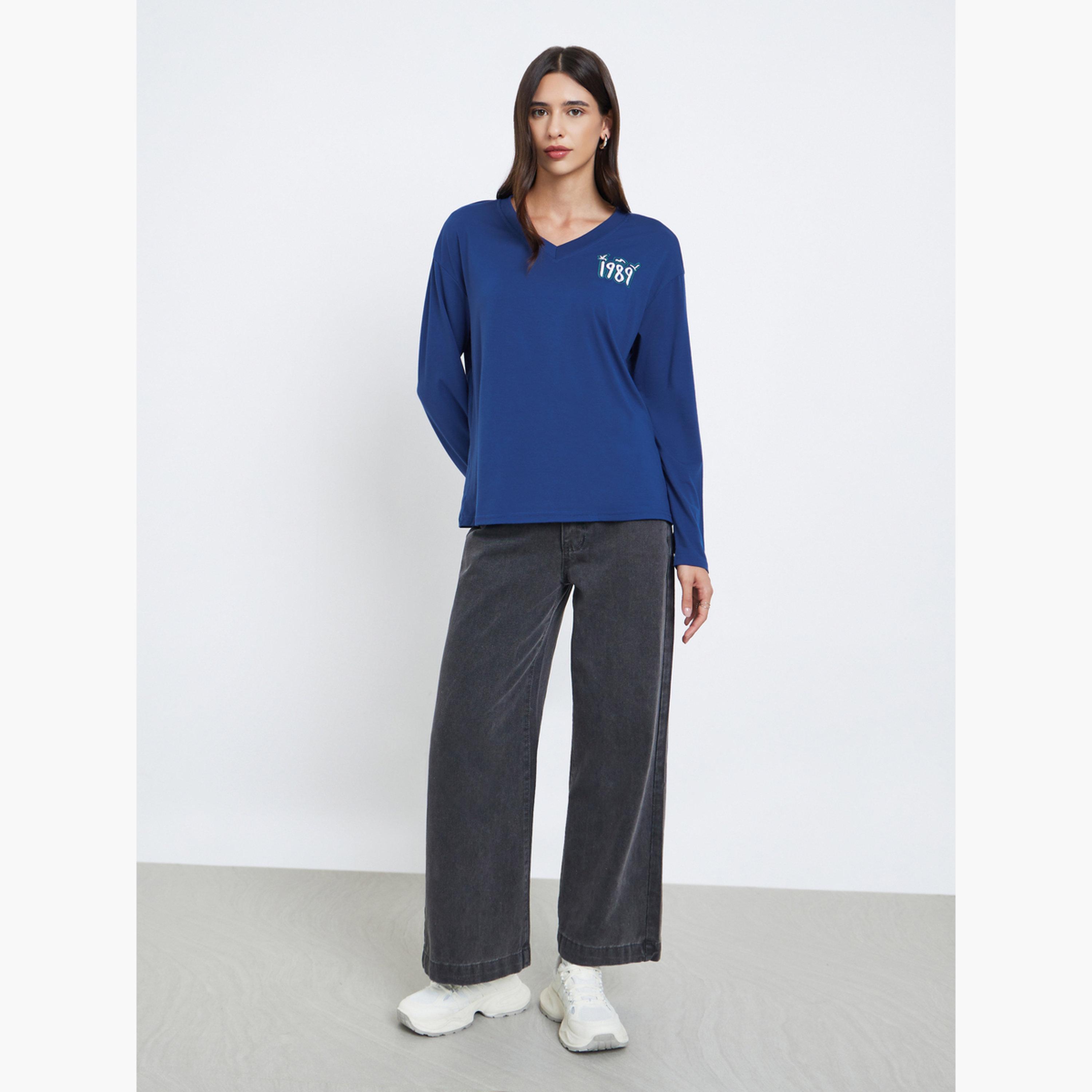 Styli Embroidered V Neck Regular Fit T-Shirt-women-clothing-tshirts-image-2