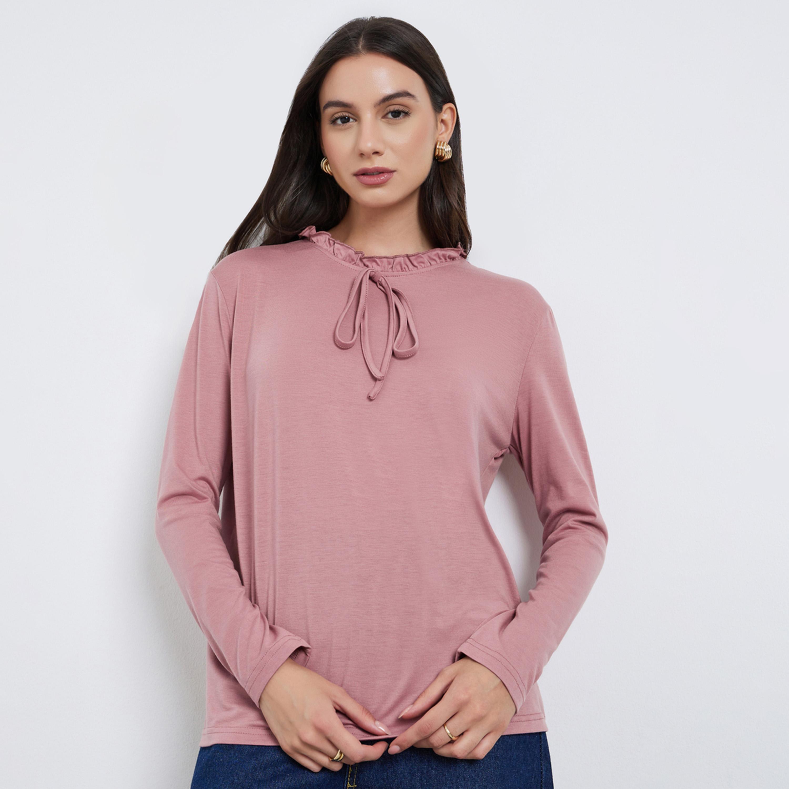 ستايلي - تي شيرت وردي بأكمام طويلة ورقبة مكشكشة-women-clothing-tshirts-image-1