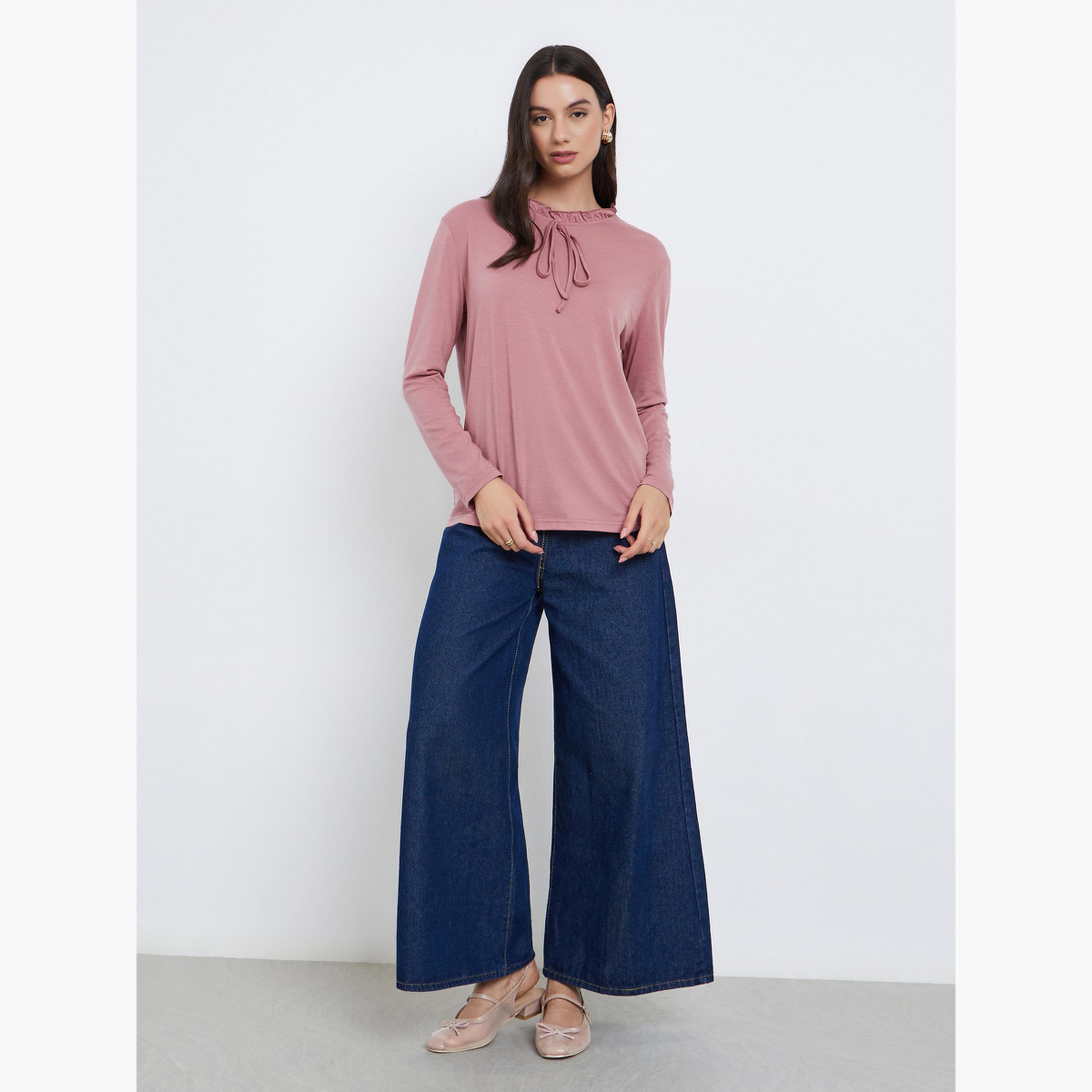 Styli Pink Long Sleeve T-Shirt with Ruffle Neck-women-clothing-tshirts-image-2
