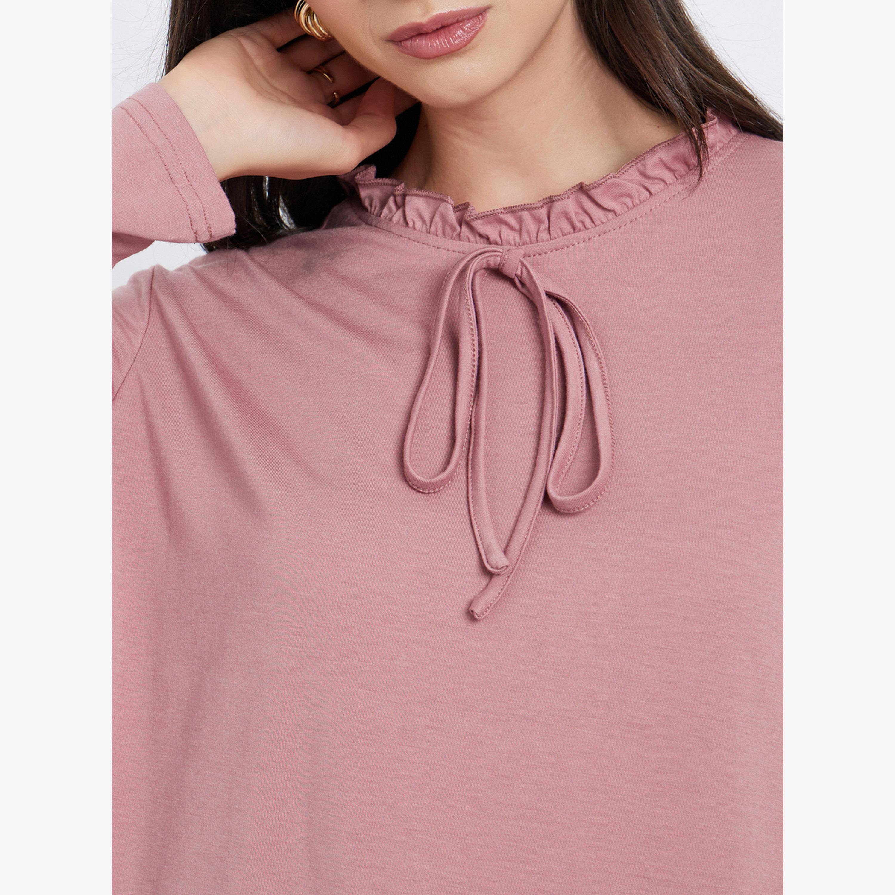 ستايلي - تي شيرت وردي بأكمام طويلة ورقبة مكشكشة-women-clothing-tshirts-image-3