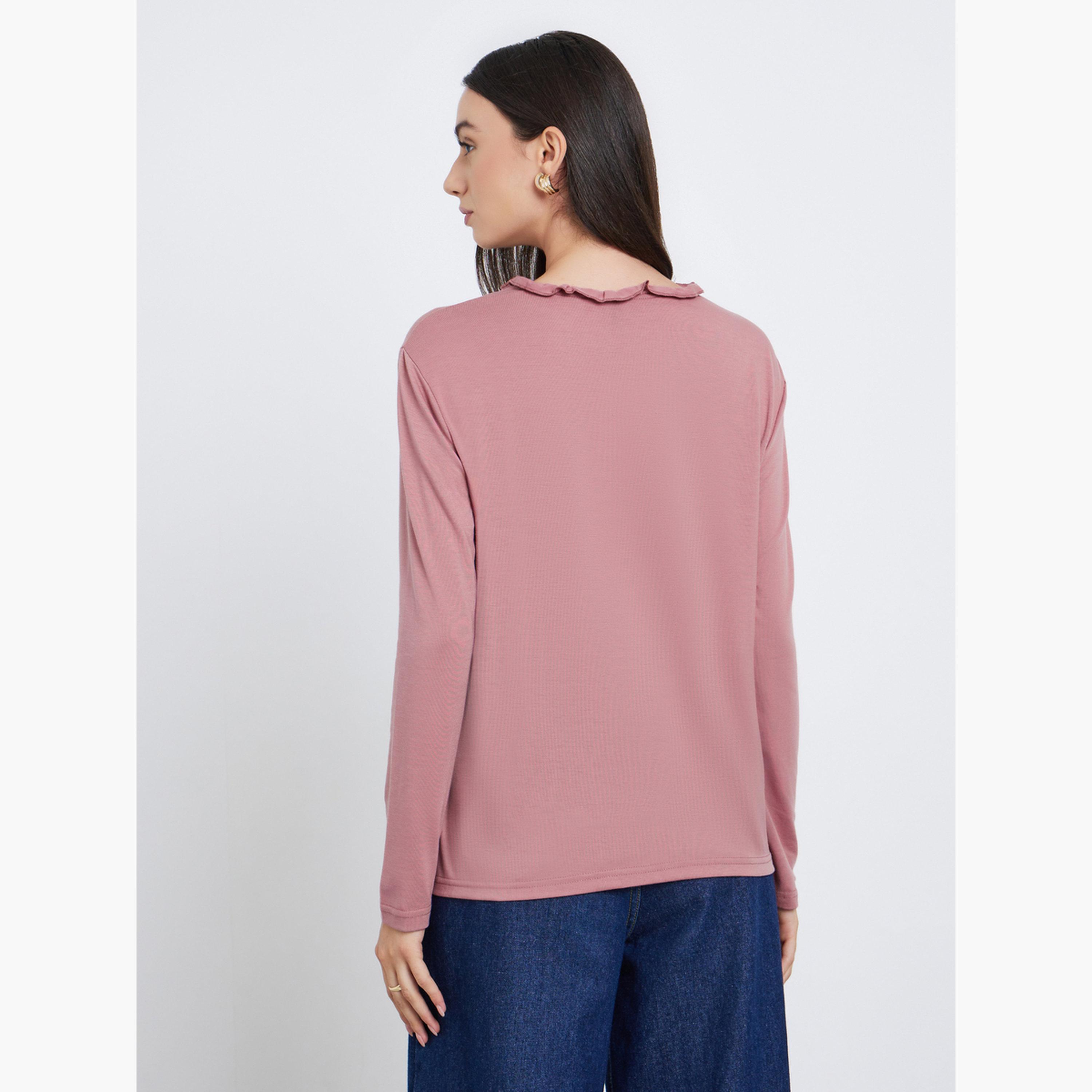 ستايلي - تي شيرت وردي بأكمام طويلة ورقبة مكشكشة-women-clothing-tshirts-image-4