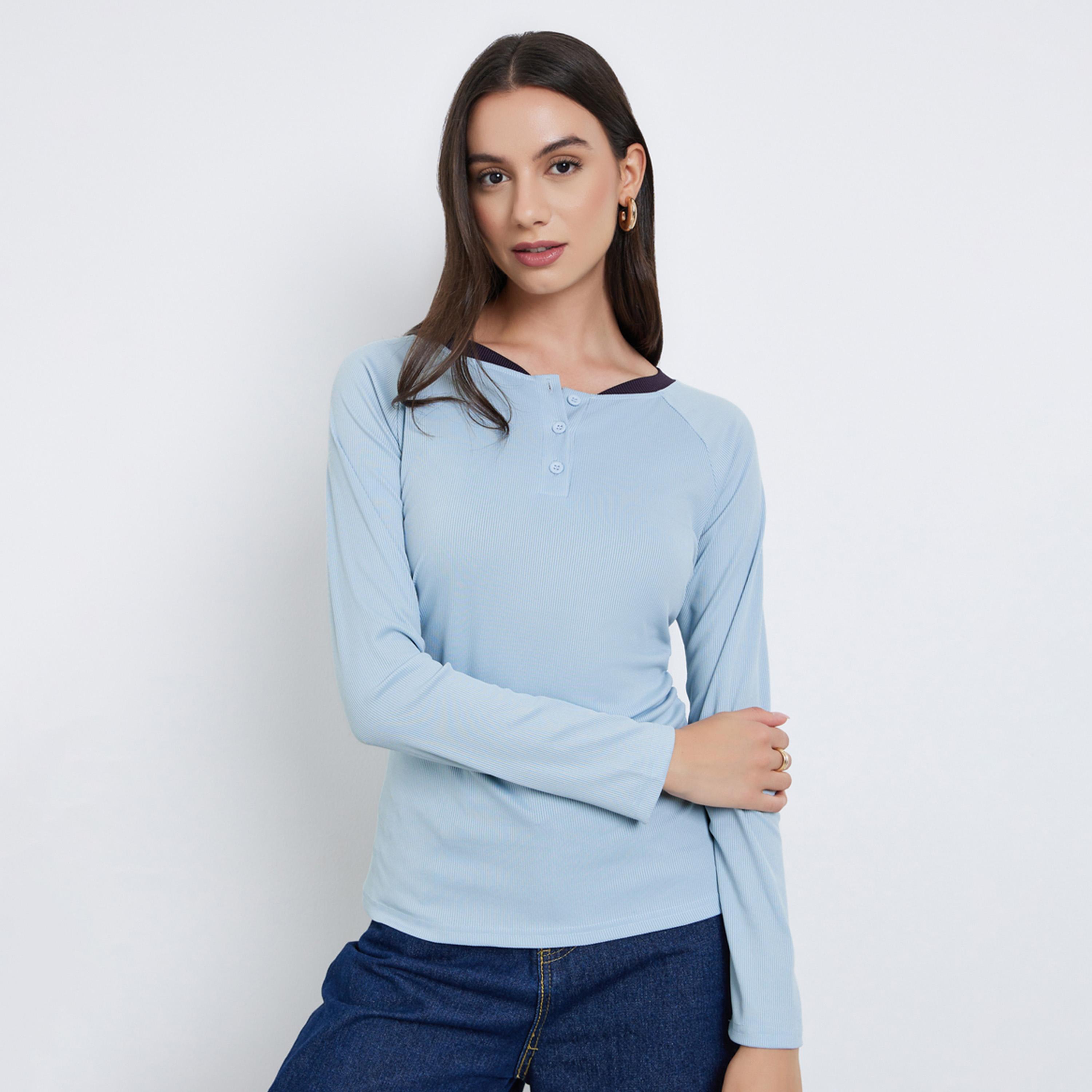 ستايلي - تي شيرت هينلي بأكمام طويلة لون أزرق-women-clothing-tshirts-image-1