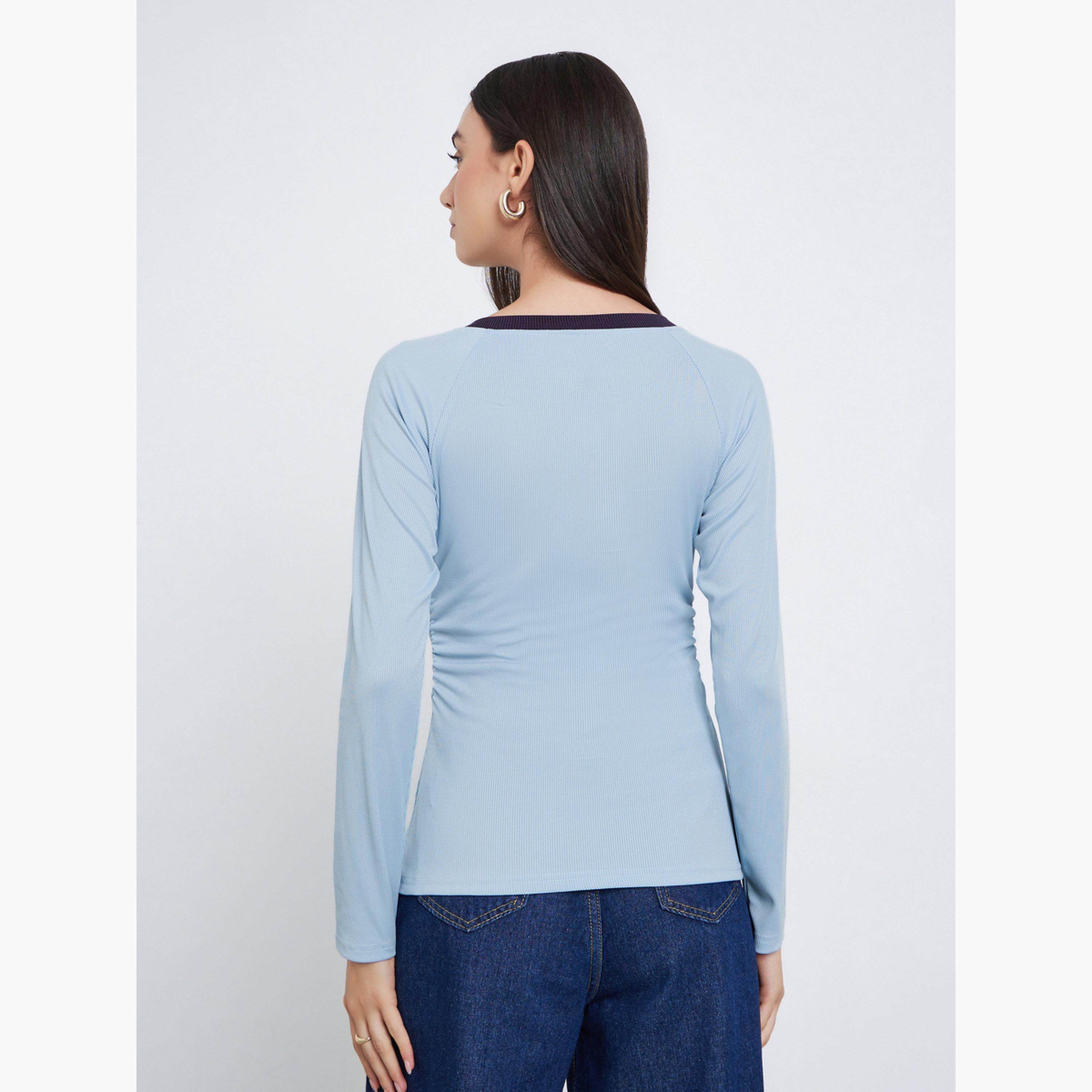 Styli Blue Long Sleeve Henley T-Shirt-women-clothing-tshirts-image-5