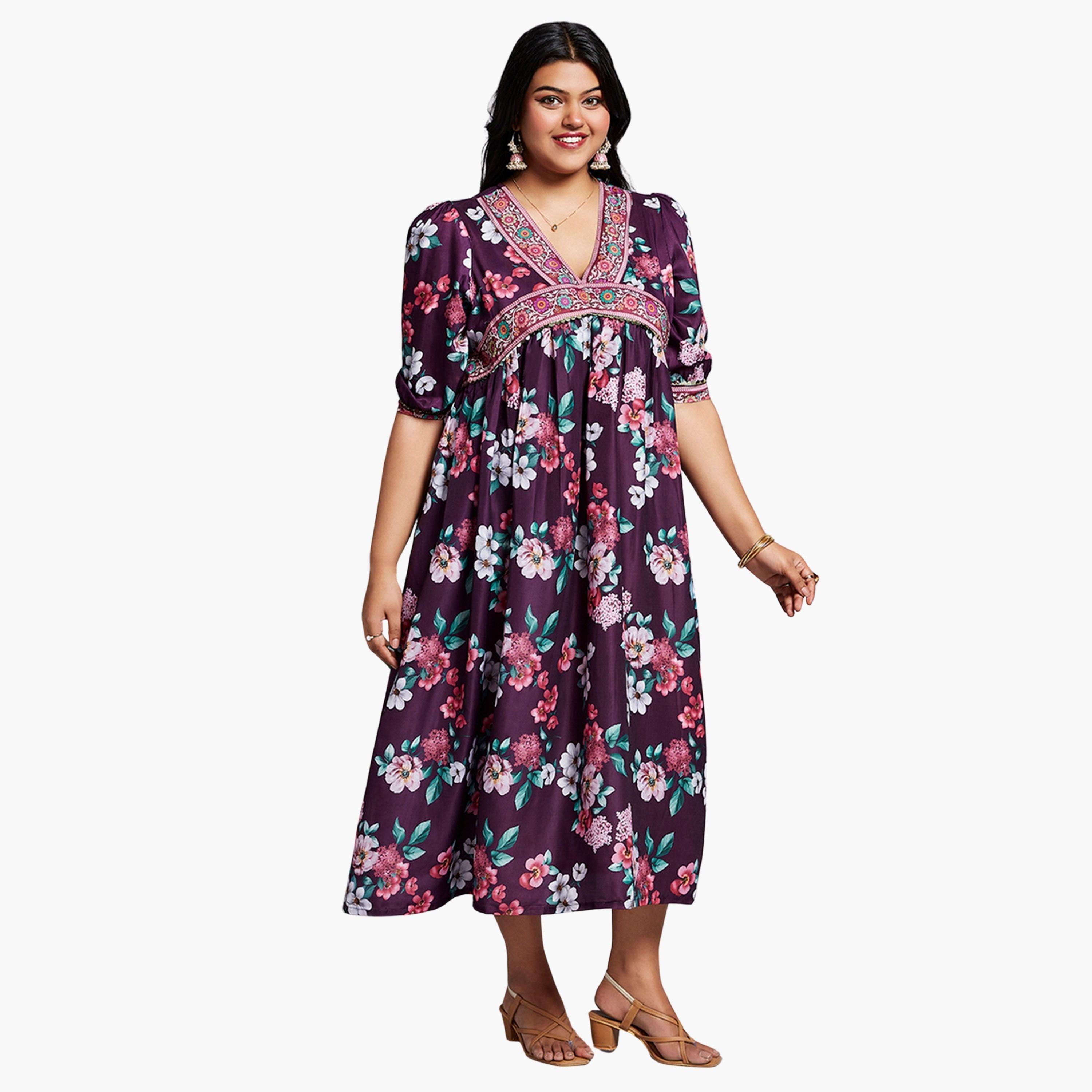 غلوبوس × ستايلي - فستان متوسط ​​الطول بطبعة زهور لون برغندي حجم كبير-women-clothing-dresses-image-1