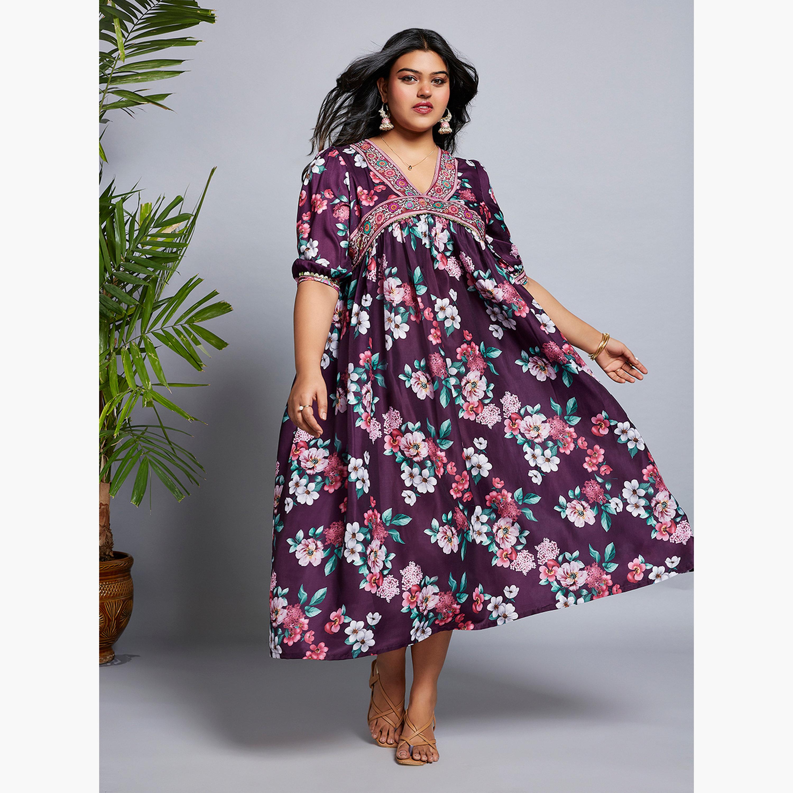 غلوبوس × ستايلي - فستان متوسط ​​الطول بطبعة زهور لون برغندي حجم كبير-women-clothing-dresses-image-2