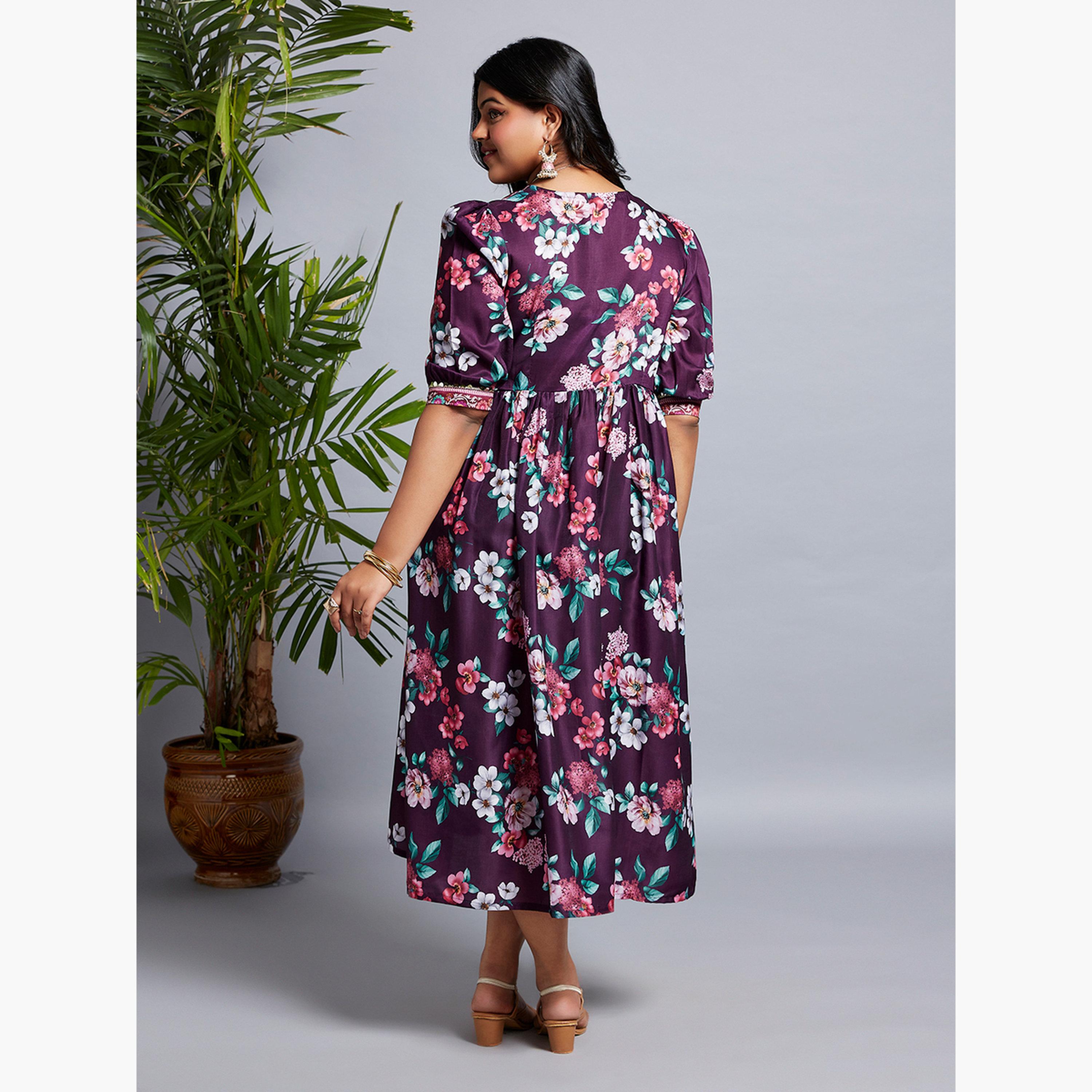 غلوبوس × ستايلي - فستان متوسط ​​الطول بطبعة زهور لون برغندي حجم كبير-women-clothing-dresses-image-3