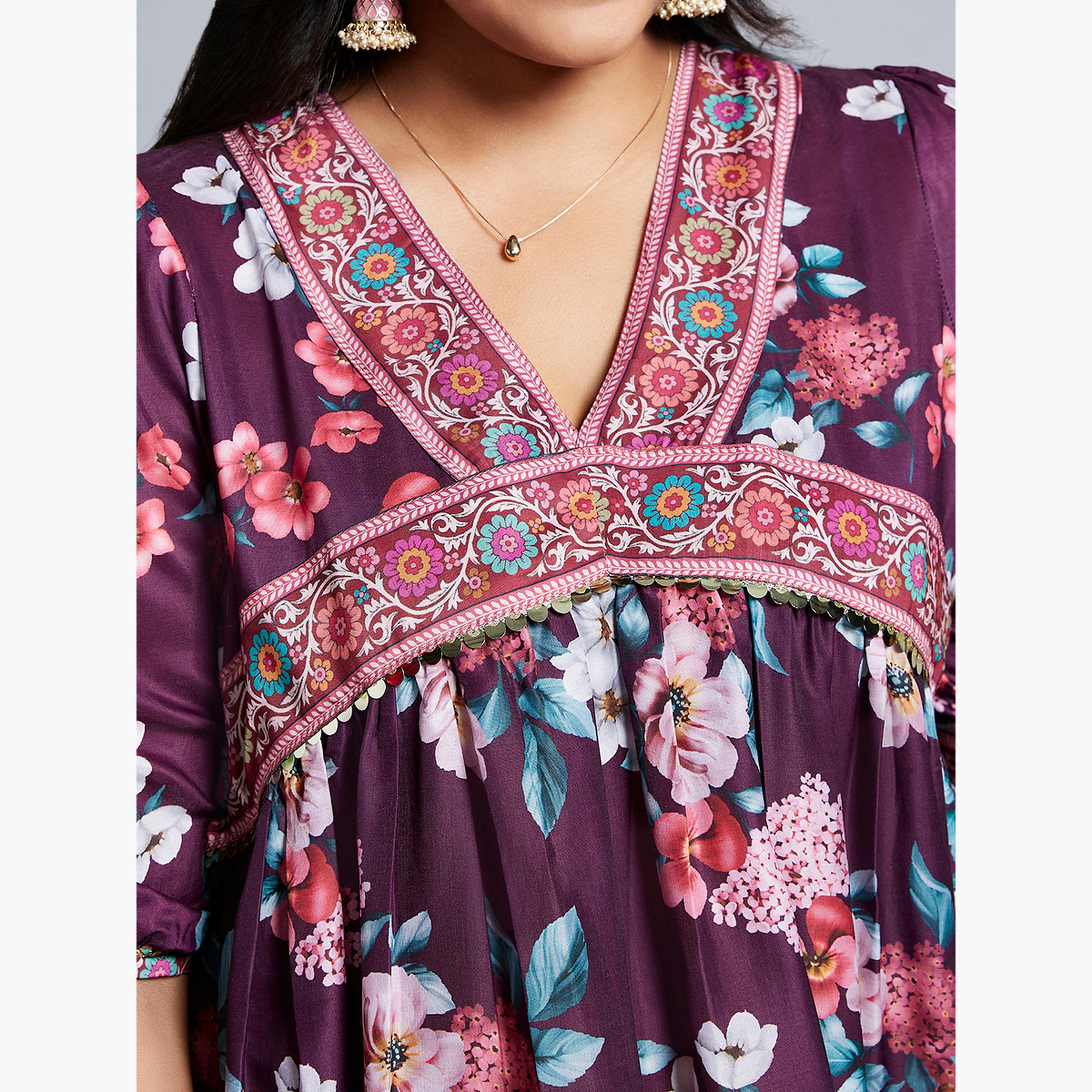 غلوبوس × ستايلي - فستان متوسط ​​الطول بطبعة زهور لون برغندي حجم كبير-women-clothing-dresses-image-4