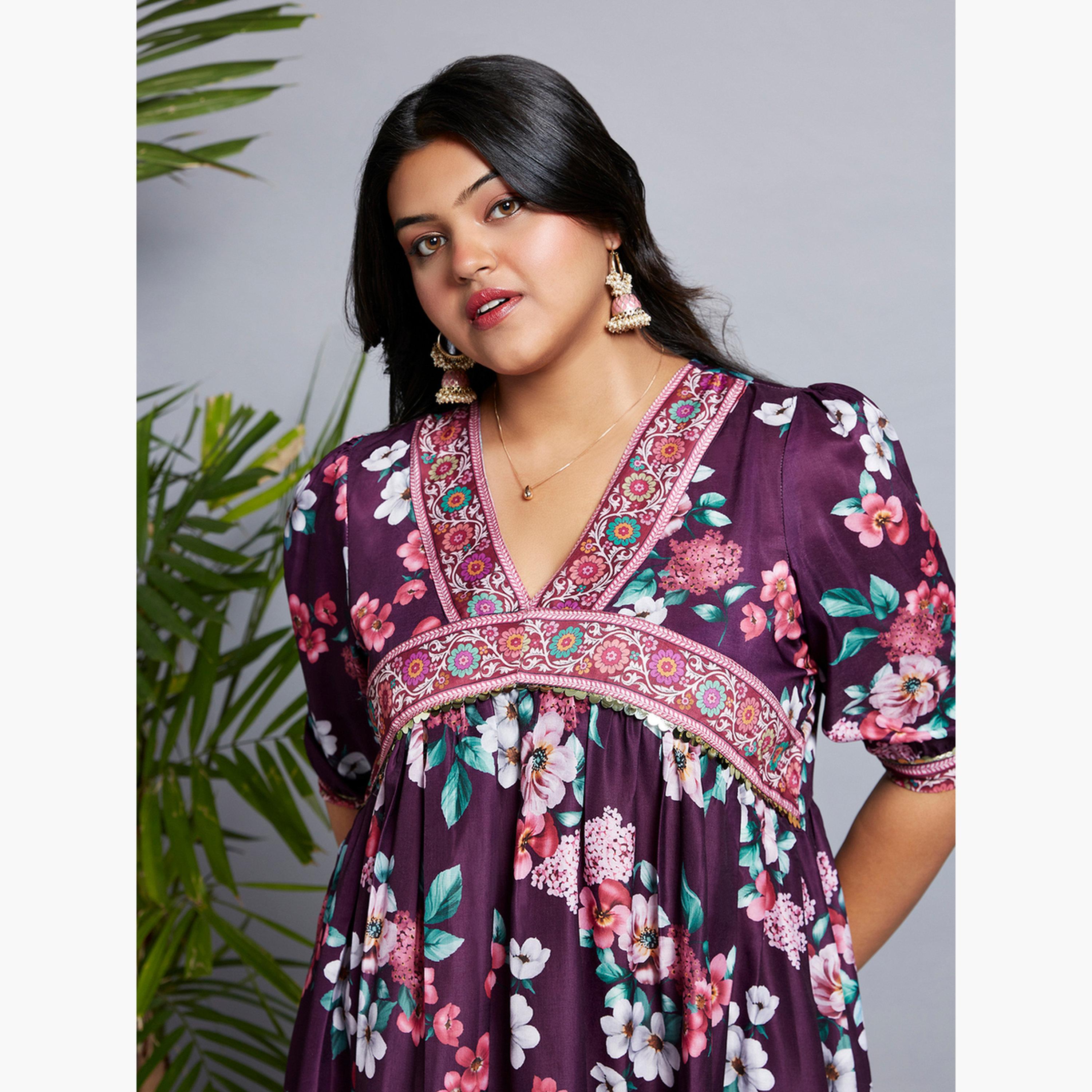 غلوبوس × ستايلي - فستان متوسط ​​الطول بطبعة زهور لون برغندي حجم كبير-women-clothing-dresses-image-5