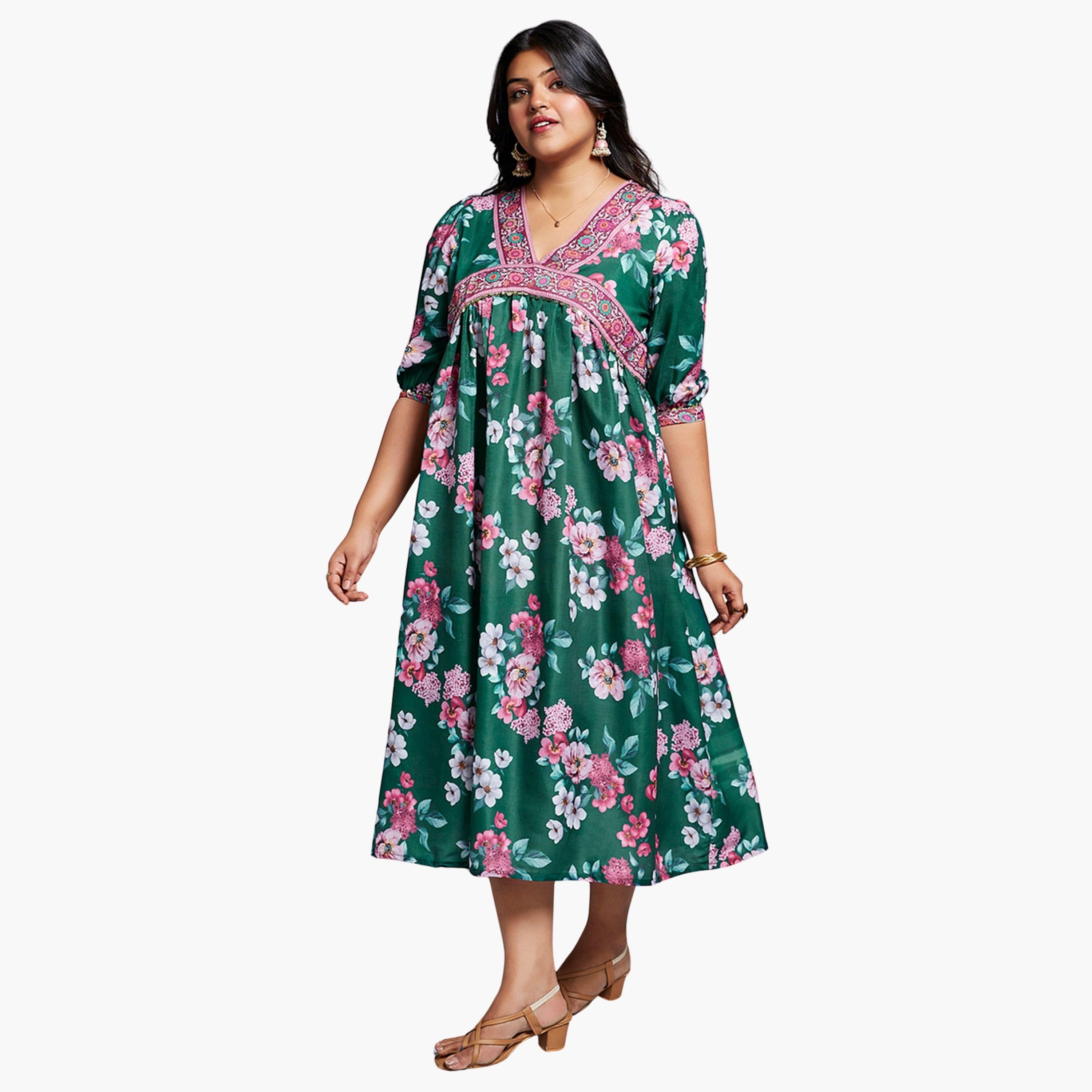 غلوبوس × ستايلي - فستان ميدي بطبعة زهور خضراء حجم كبير-women-clothing-dresses-image-1