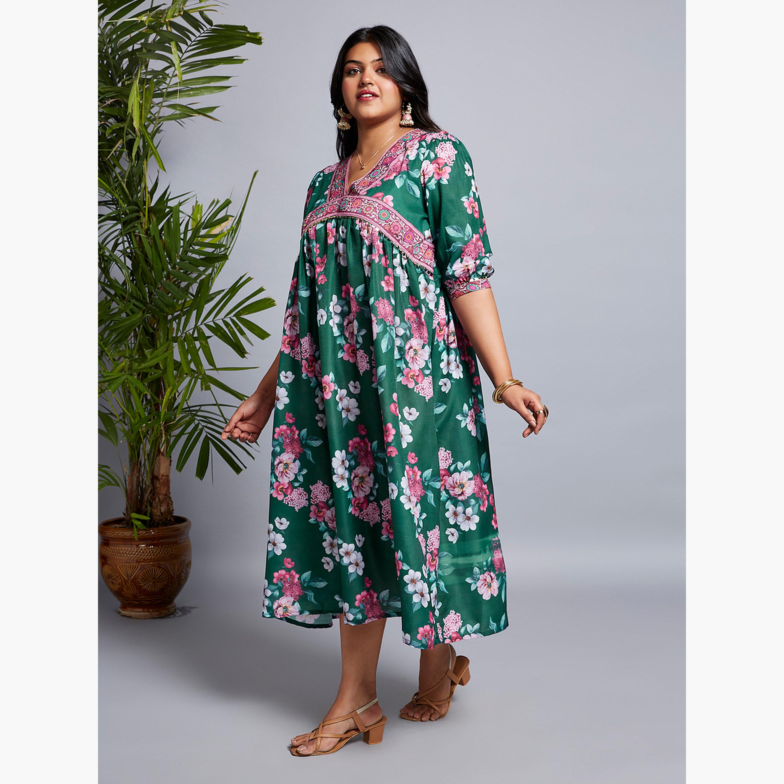 غلوبوس × ستايلي - فستان ميدي بطبعة زهور خضراء حجم كبير-women-clothing-dresses-image-2