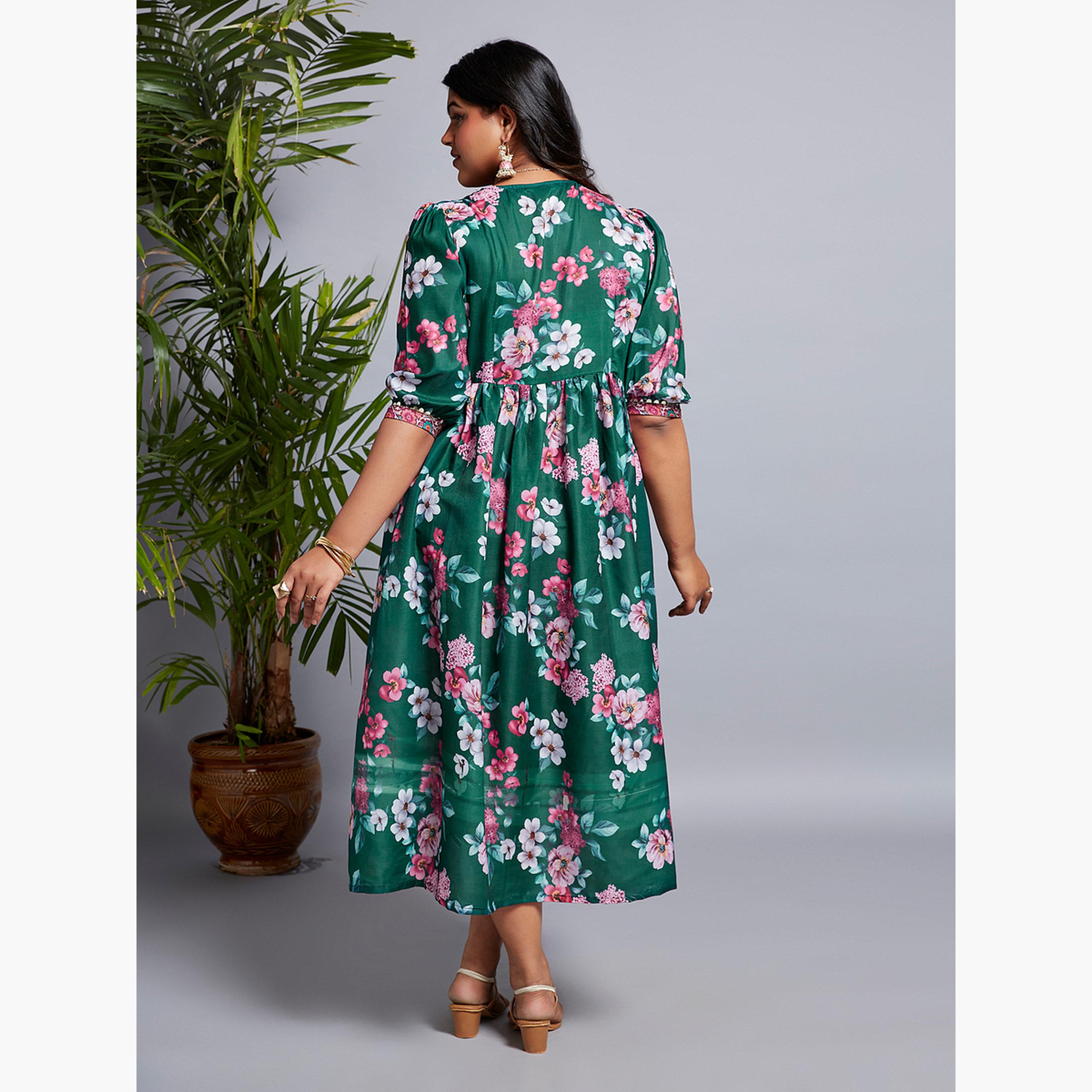 غلوبوس × ستايلي - فستان ميدي بطبعة زهور خضراء حجم كبير-women-clothing-dresses-image-3