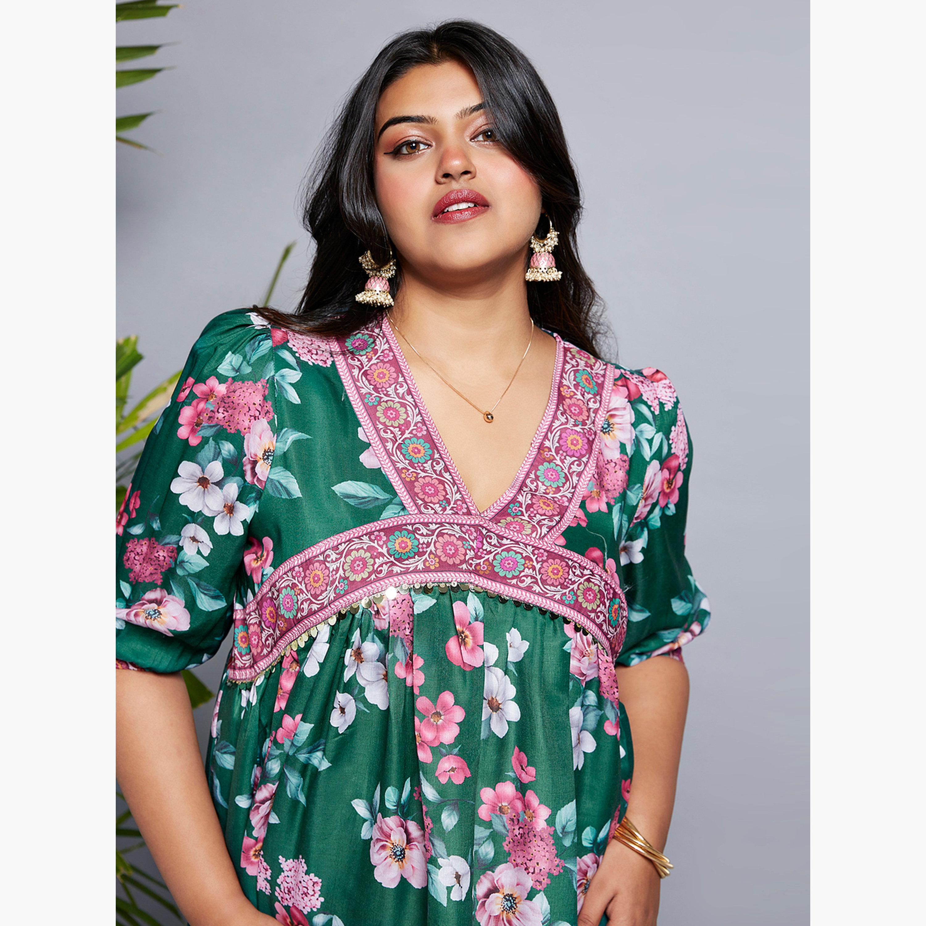غلوبوس × ستايلي - فستان ميدي بطبعة زهور خضراء حجم كبير-women-clothing-dresses-image-5