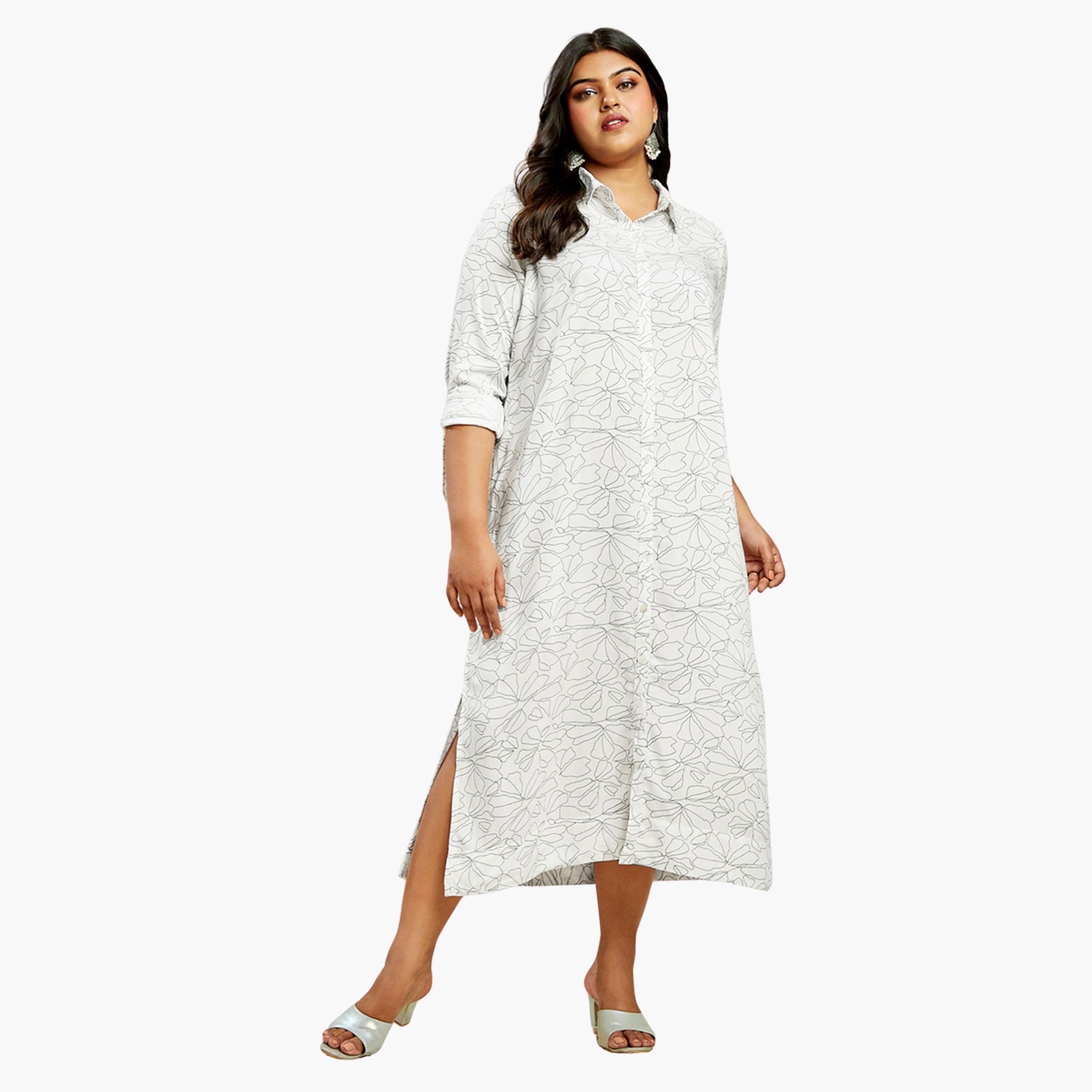 غلوبوس × ستايلي - فستان متوسط ​​الطول بطباعة كاملة لون أبيض بحجم كبير-women-clothing-dresses-image-1