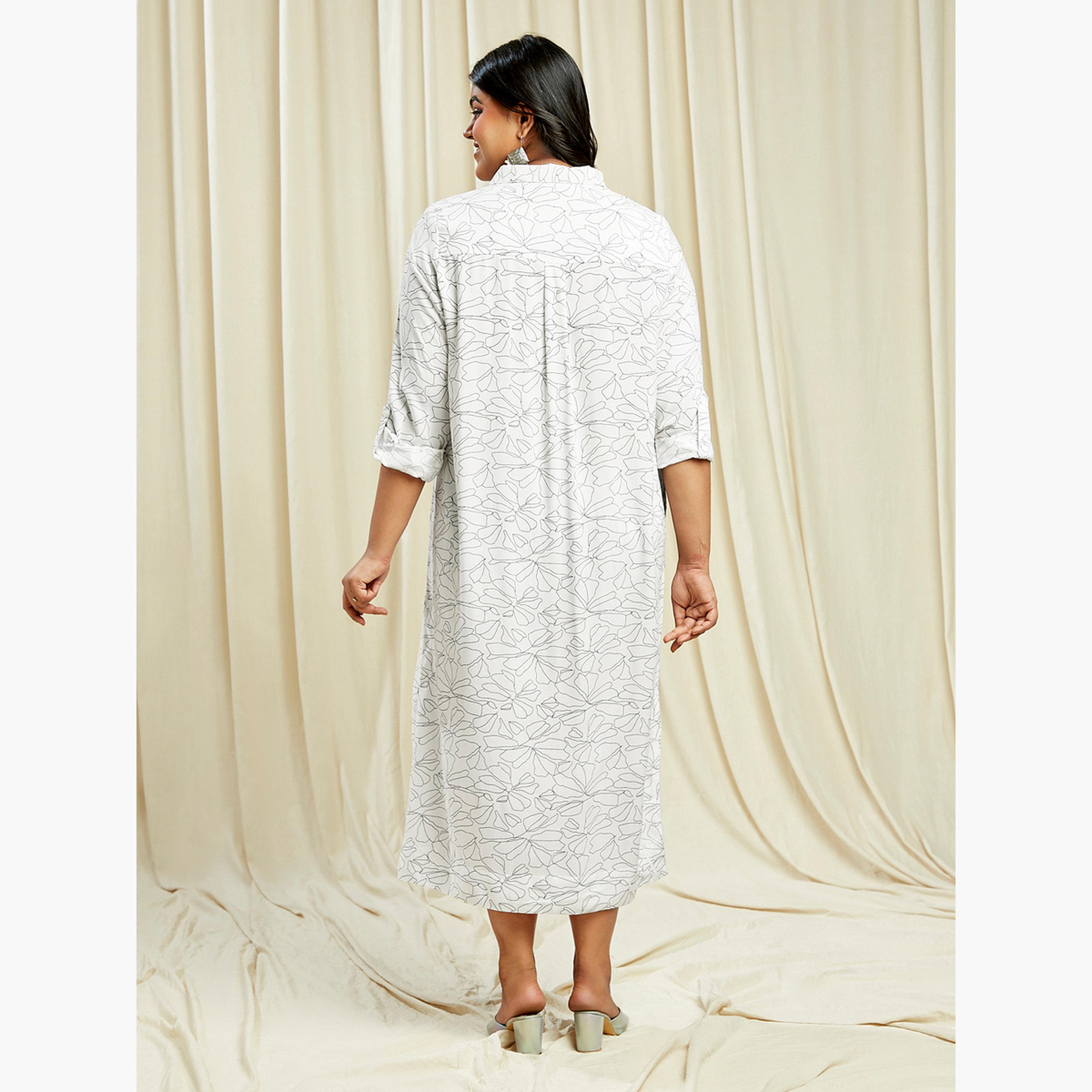 غلوبوس × ستايلي - فستان متوسط ​​الطول بطباعة كاملة لون أبيض بحجم كبير-women-clothing-dresses-image-3
