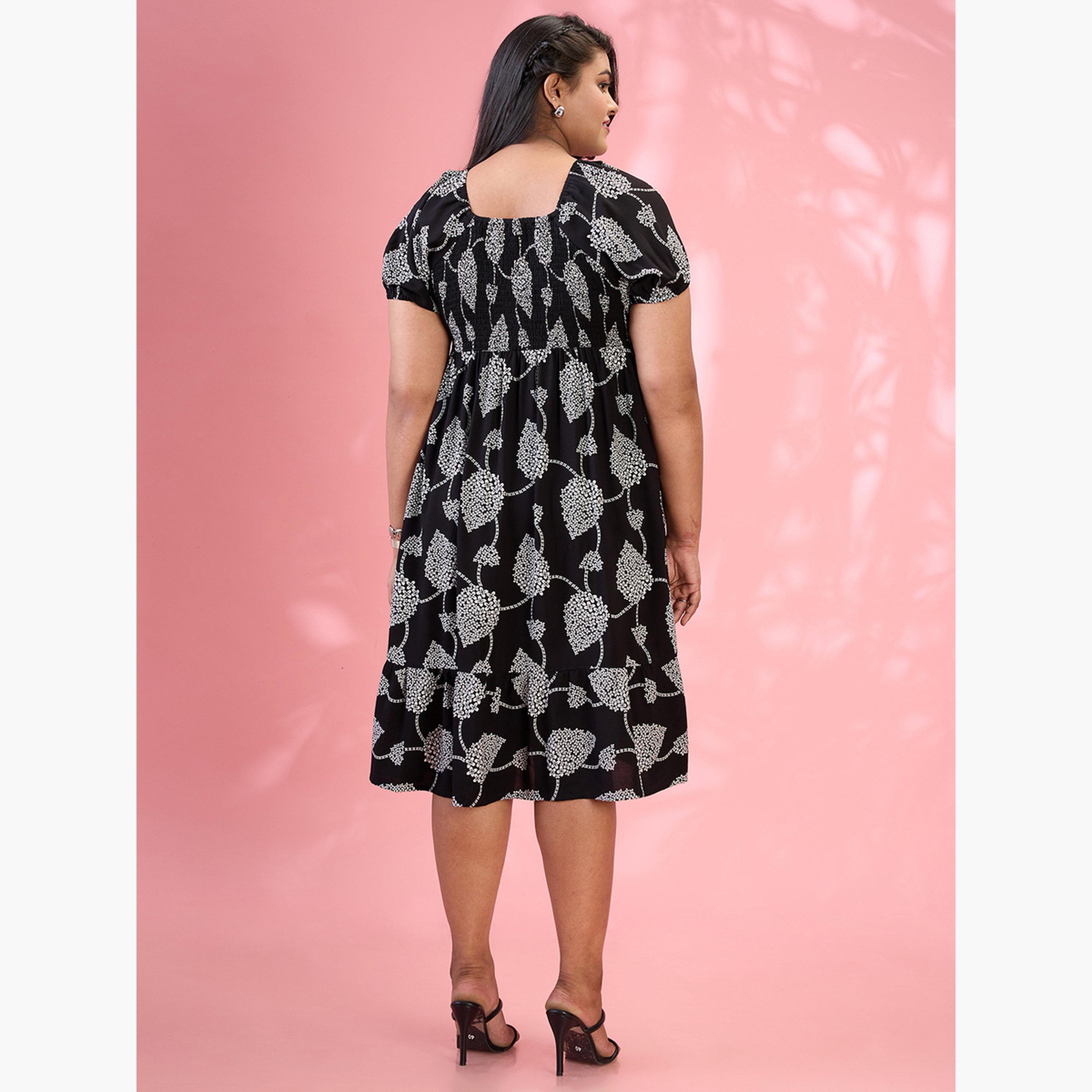 Globus X Styli Plus Size Black Square Neck Smocked Dress-women-clothing-dresses-image-3