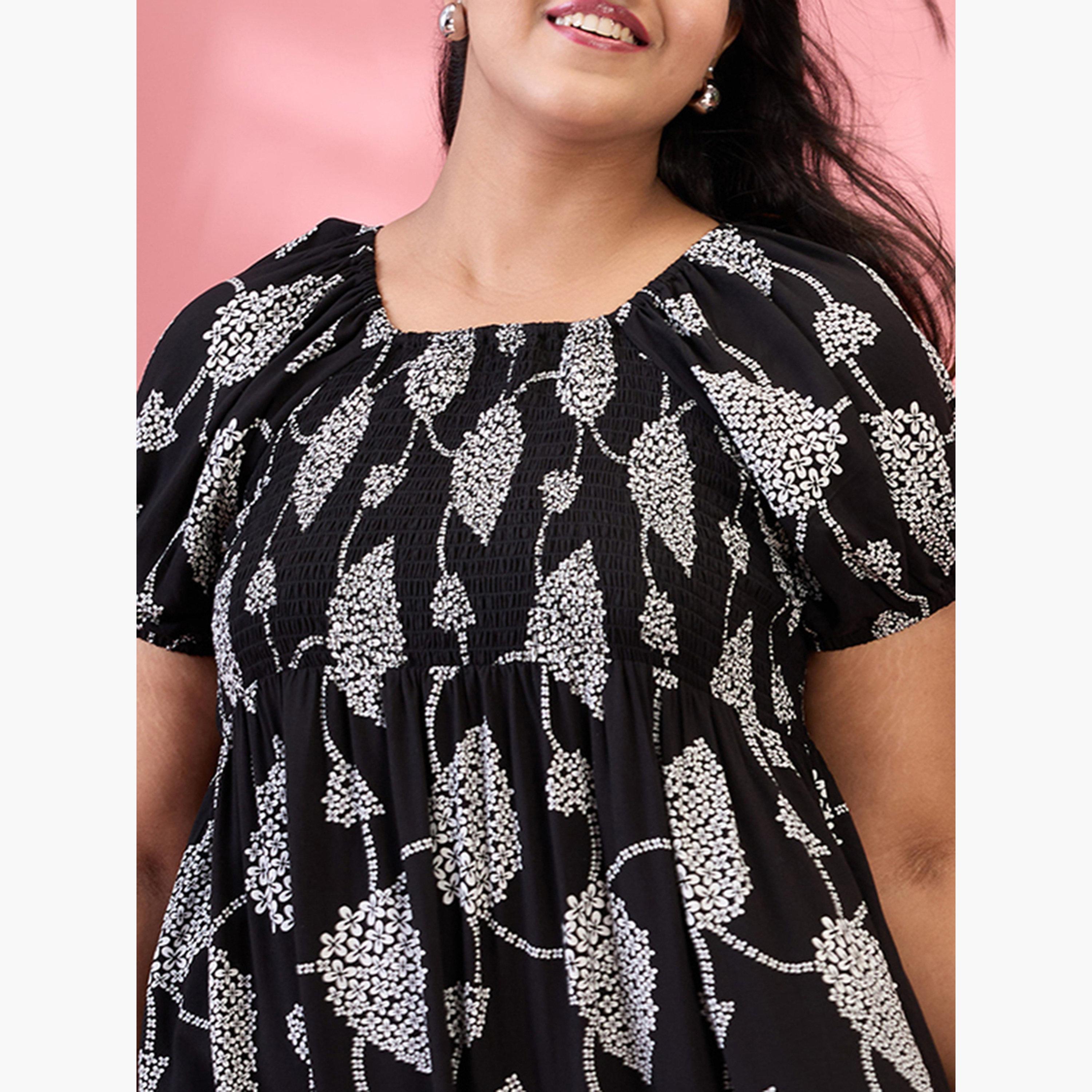 Globus X Styli Plus Size Black Square Neck Smocked Dress-women-clothing-dresses-image-4