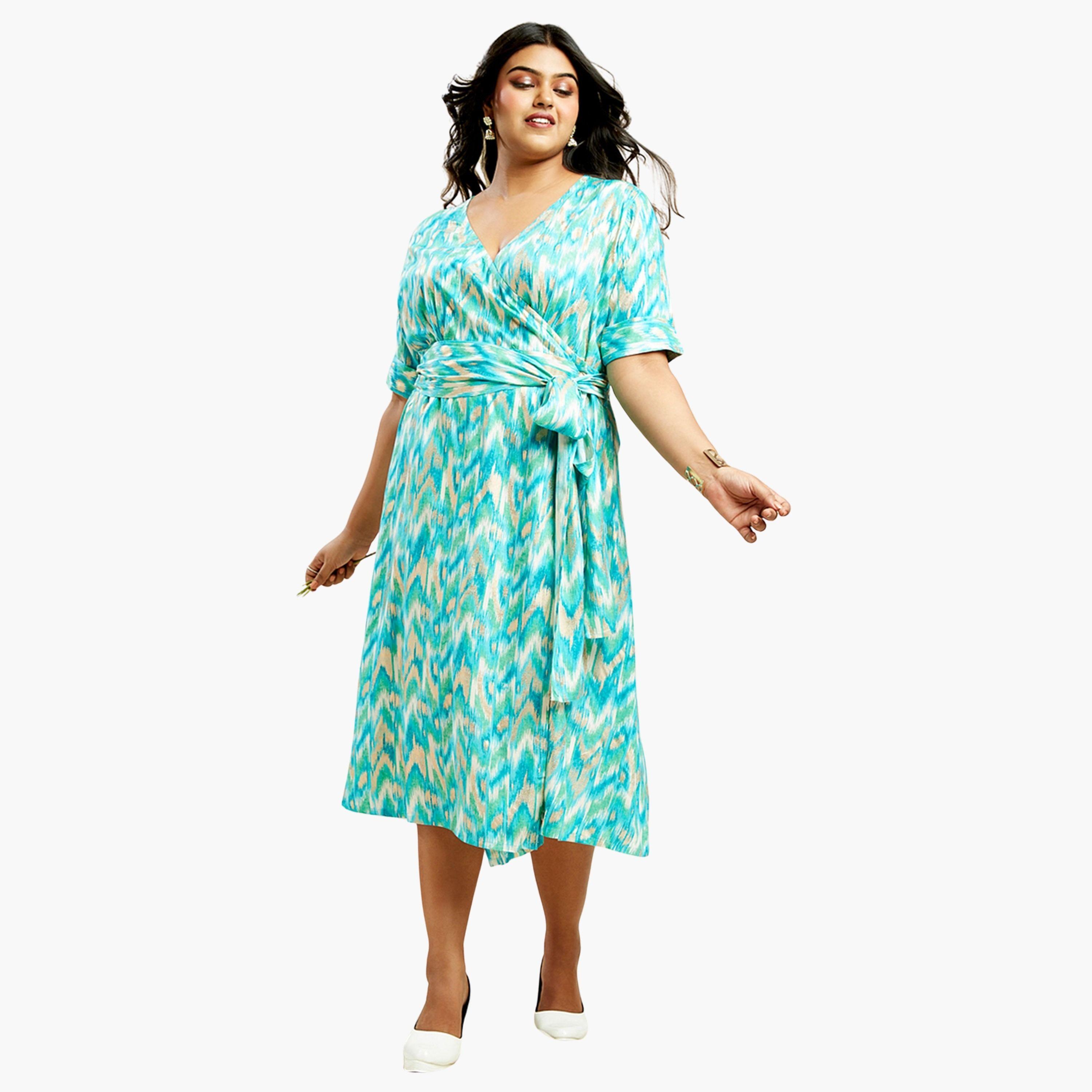 Globus X Styli Plus Size Blue Chevron Print Wrap Midi Dress-women-clothing-dresses-image-1