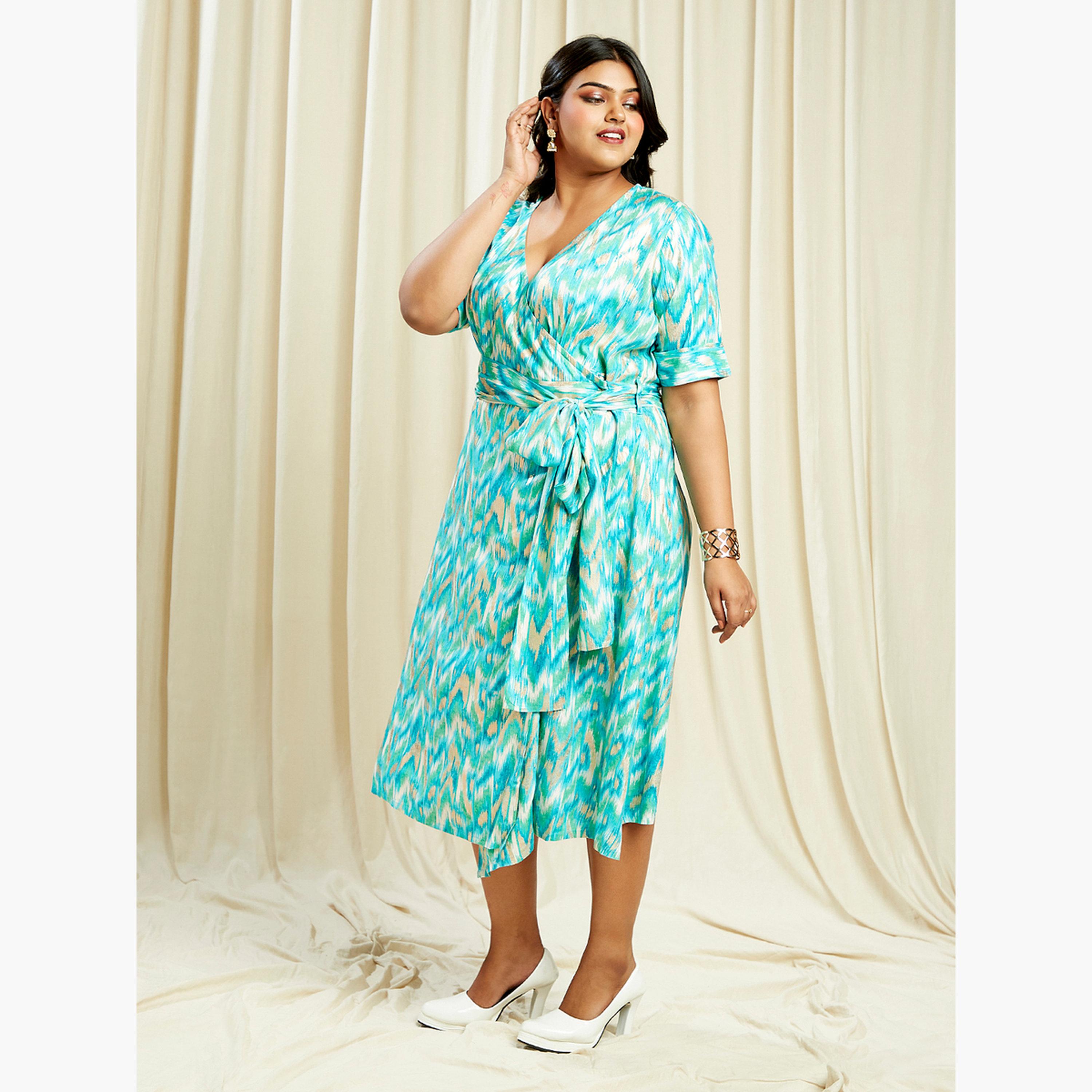 Globus X Styli Plus Size Blue Chevron Print Wrap Midi Dress-women-clothing-dresses-image-2