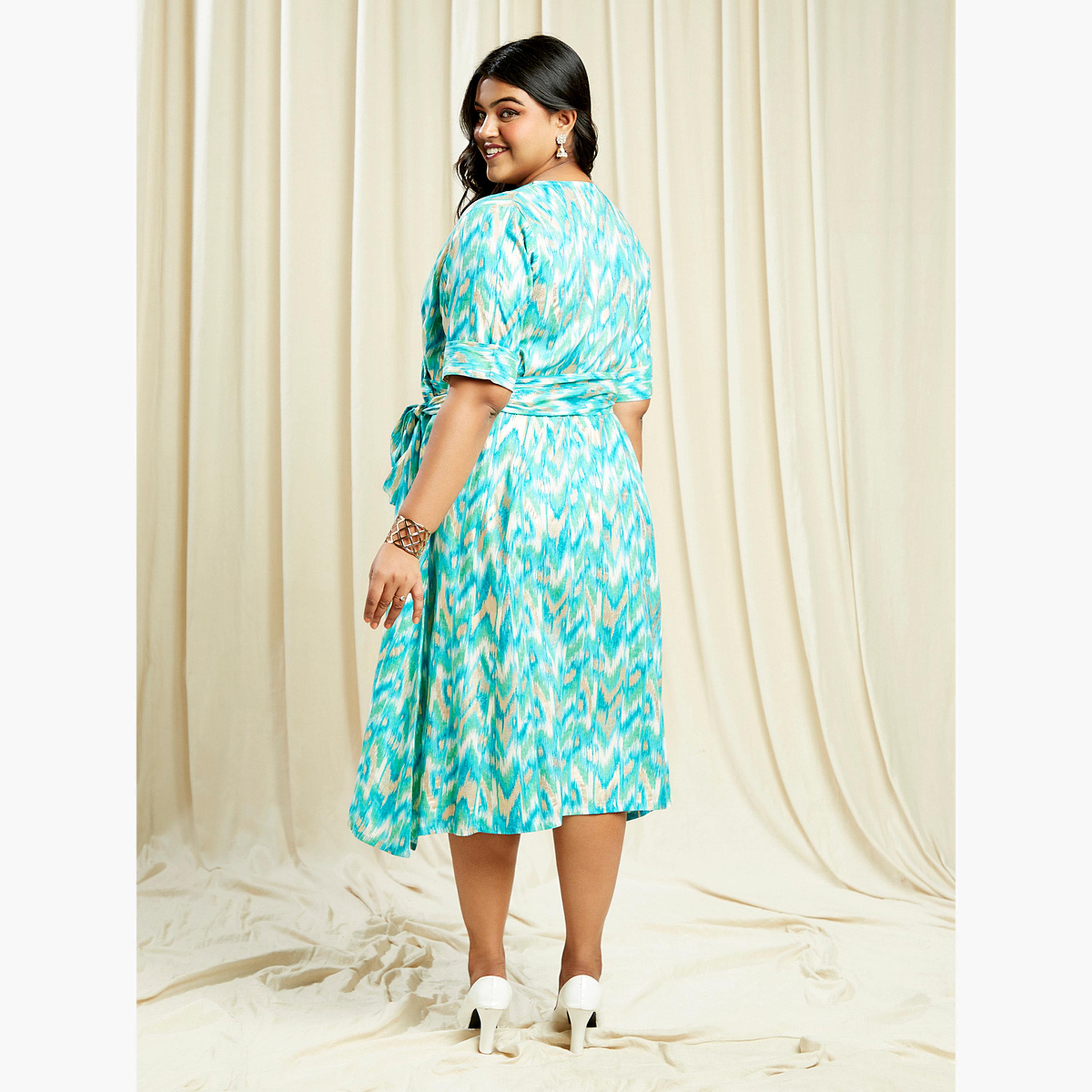 Globus X Styli Plus Size Blue Chevron Print Wrap Midi Dress-women-clothing-dresses-image-3