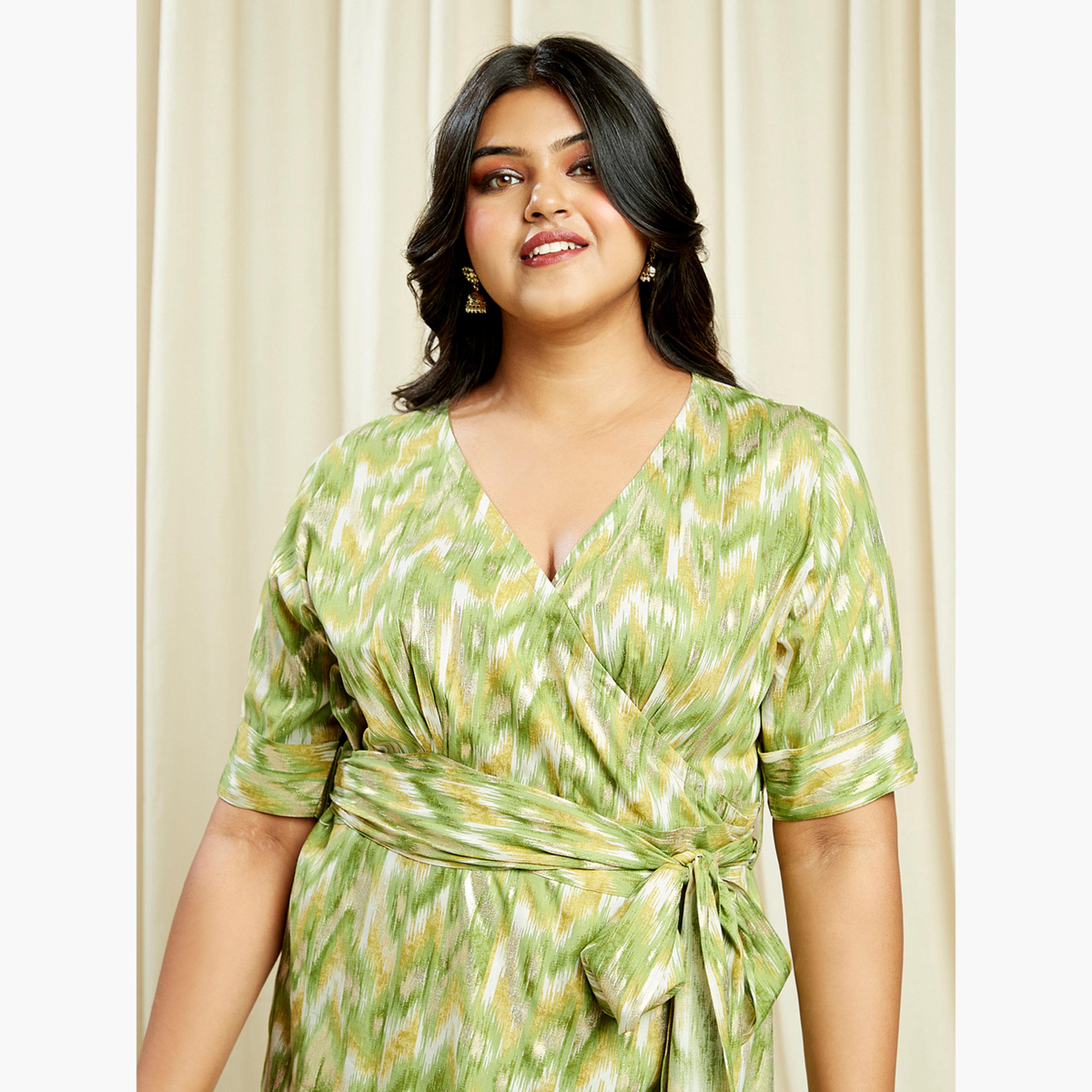 Globus X Styli Plus Size Green Chevron Print Wrap Midi Dress-women-clothing-dresses-image-5