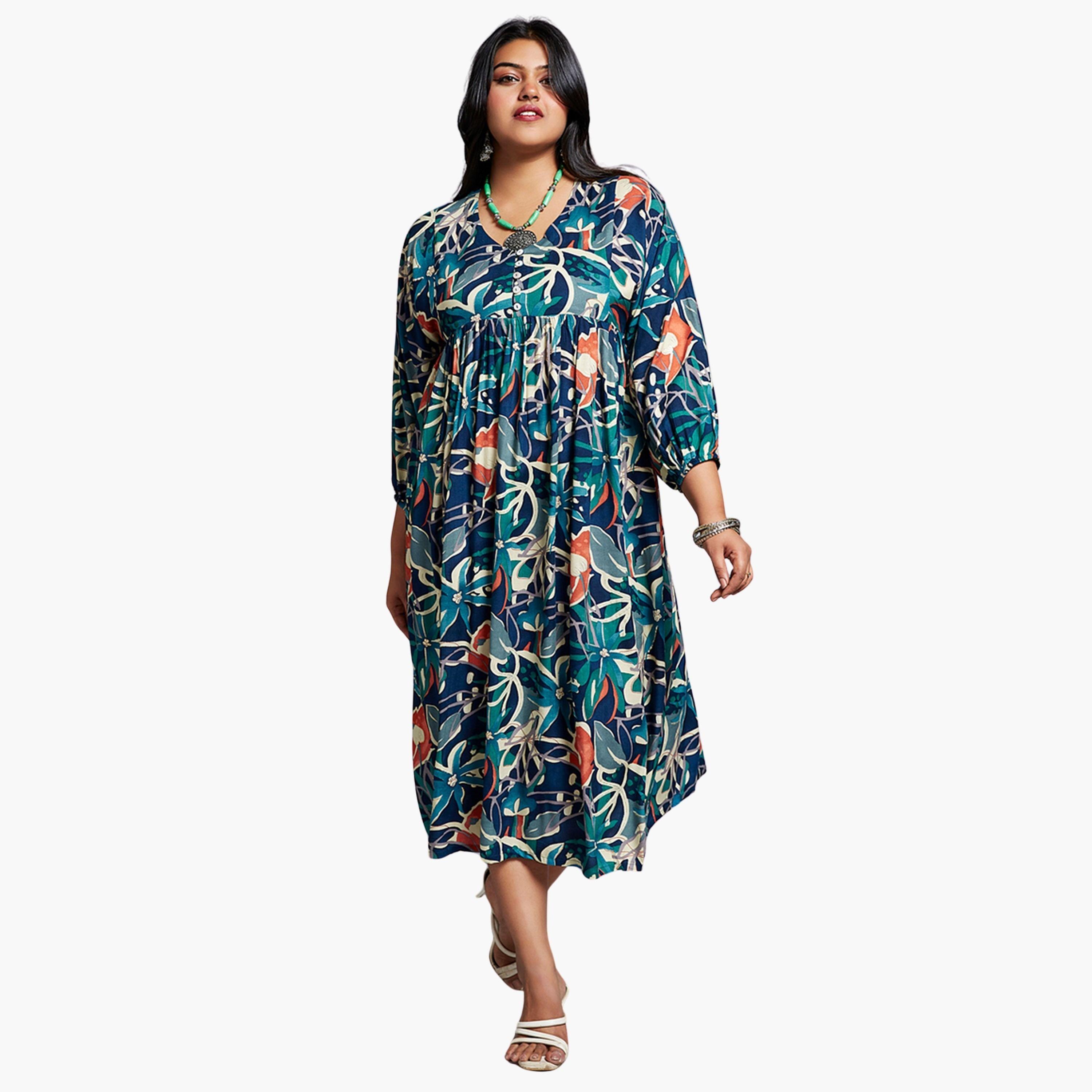 غلوبوس × ستايلي - فستان ميدي أزرق بطباعة كاملة حجم كبير-women-clothing-dresses-image-1