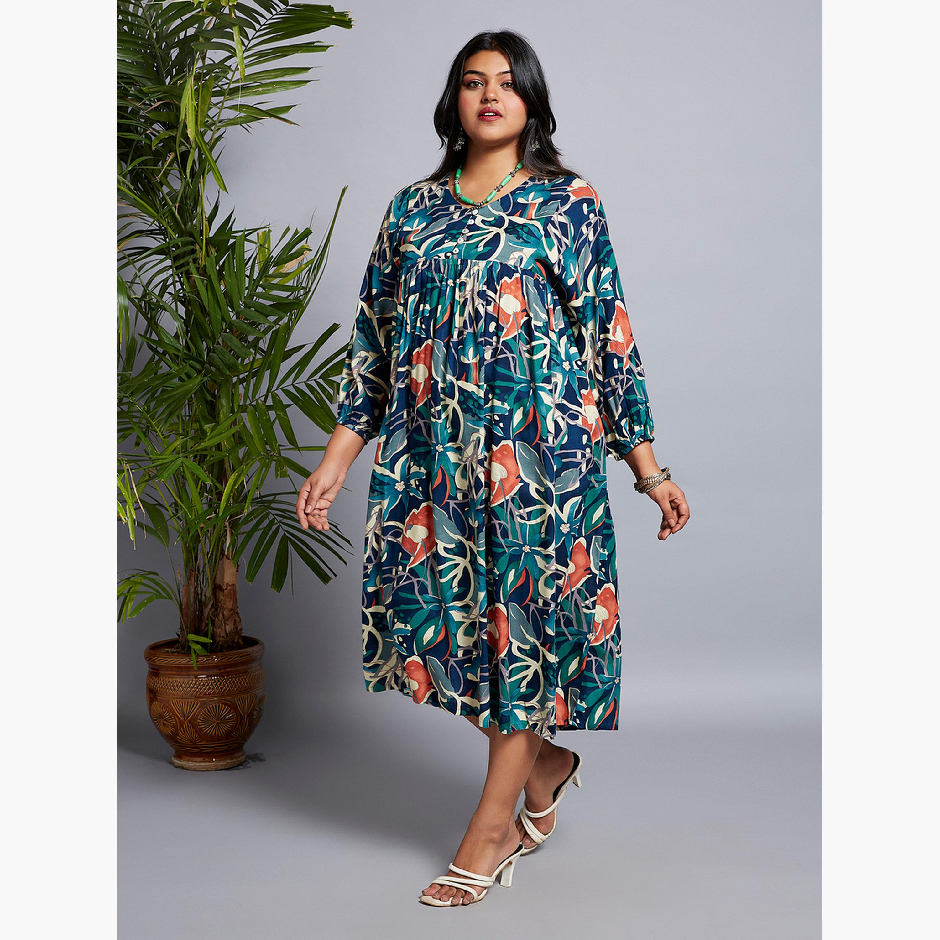 غلوبوس × ستايلي - فستان ميدي أزرق بطباعة كاملة حجم كبير-women-clothing-dresses-image-2