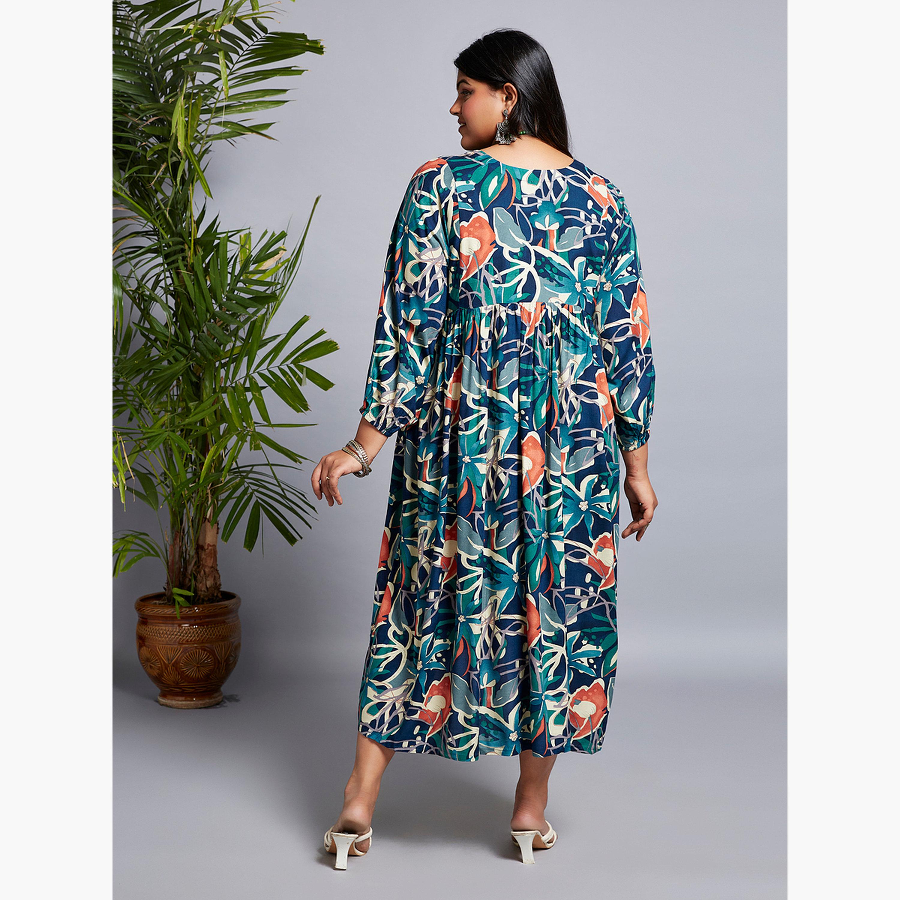 غلوبوس × ستايلي - فستان ميدي أزرق بطباعة كاملة حجم كبير-women-clothing-dresses-image-3