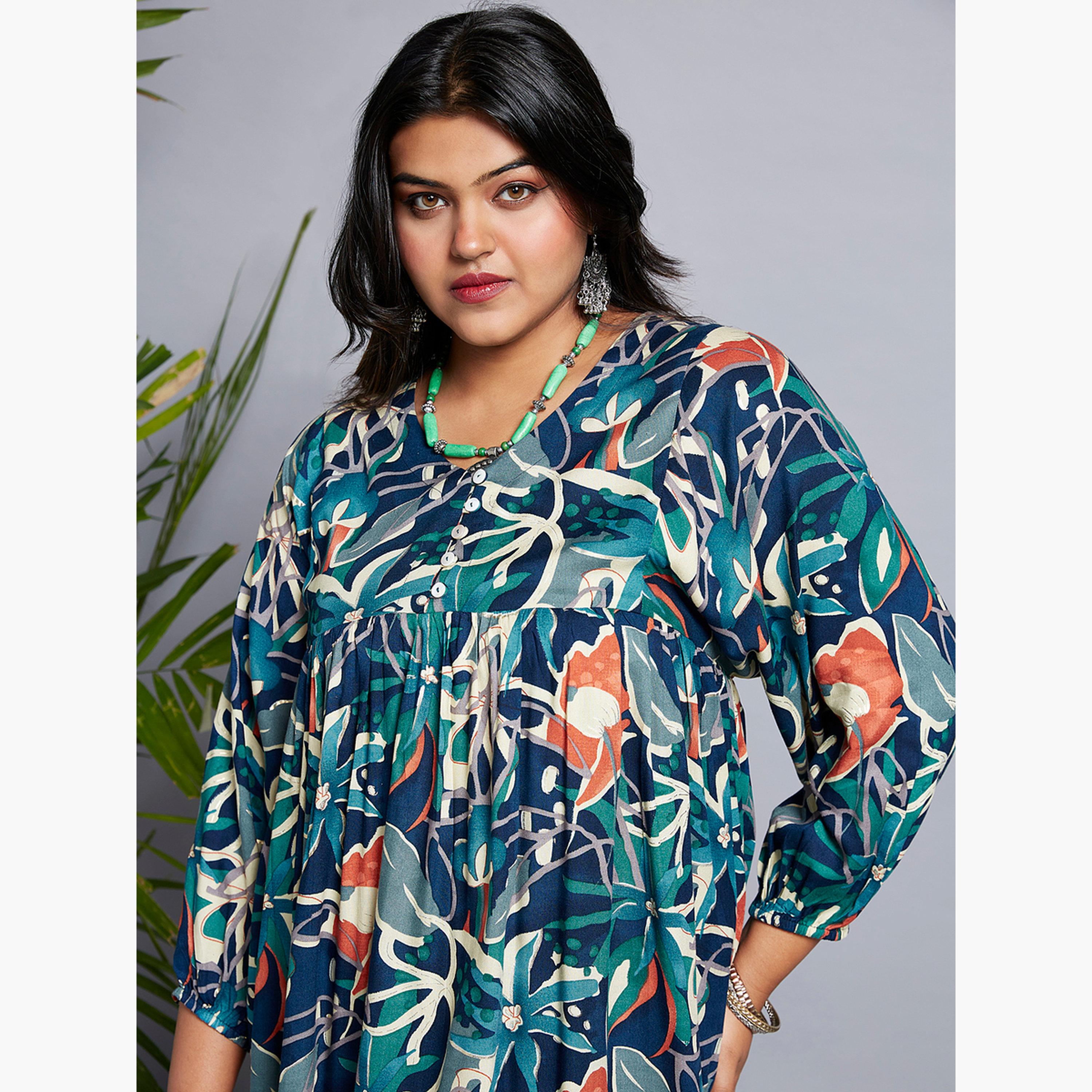 غلوبوس × ستايلي - فستان ميدي أزرق بطباعة كاملة حجم كبير-women-clothing-dresses-image-5