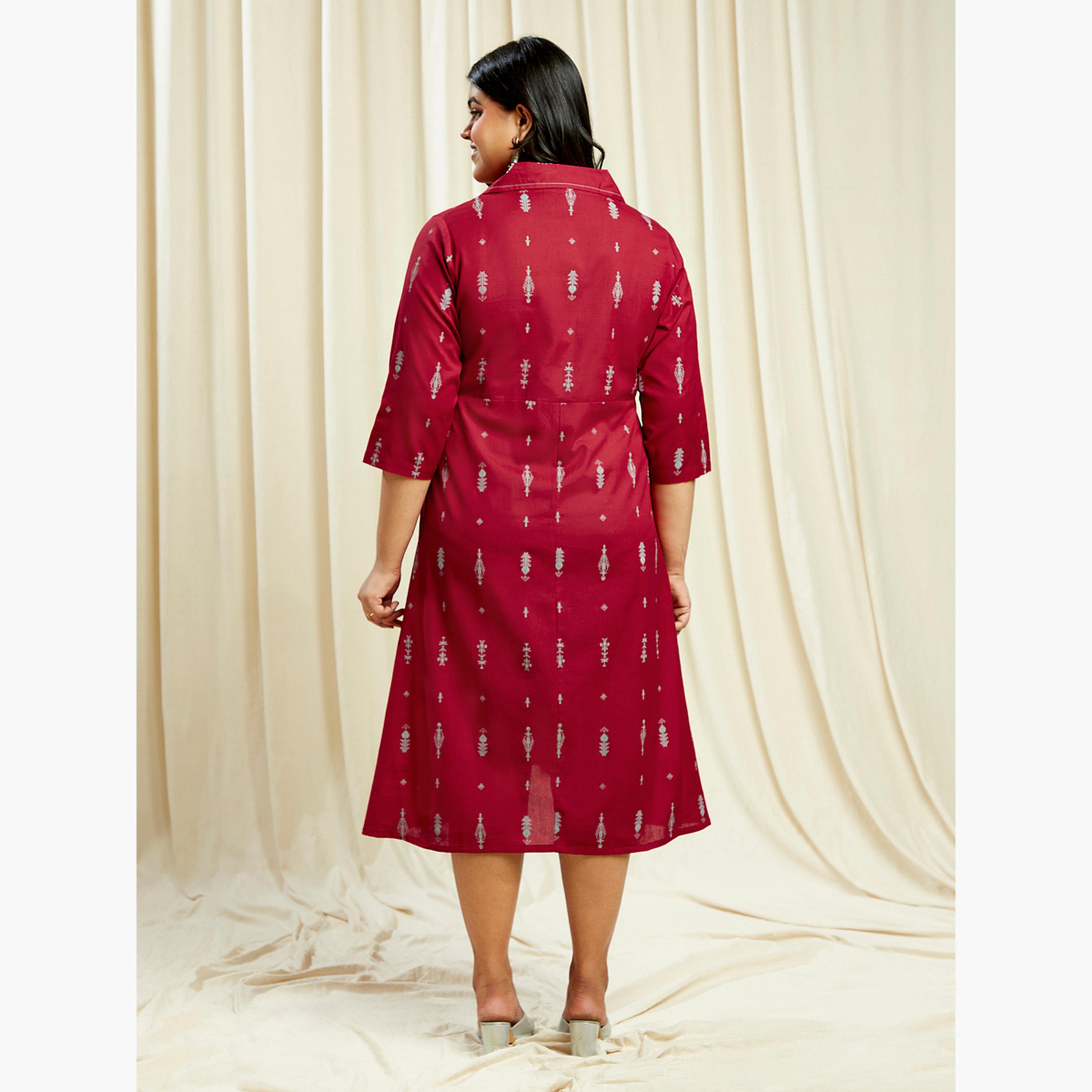 Globus X Styli Plus Size Maroon Ethnic Print Midi Dress-women-clothing-ethnicwear-dresses-image-3