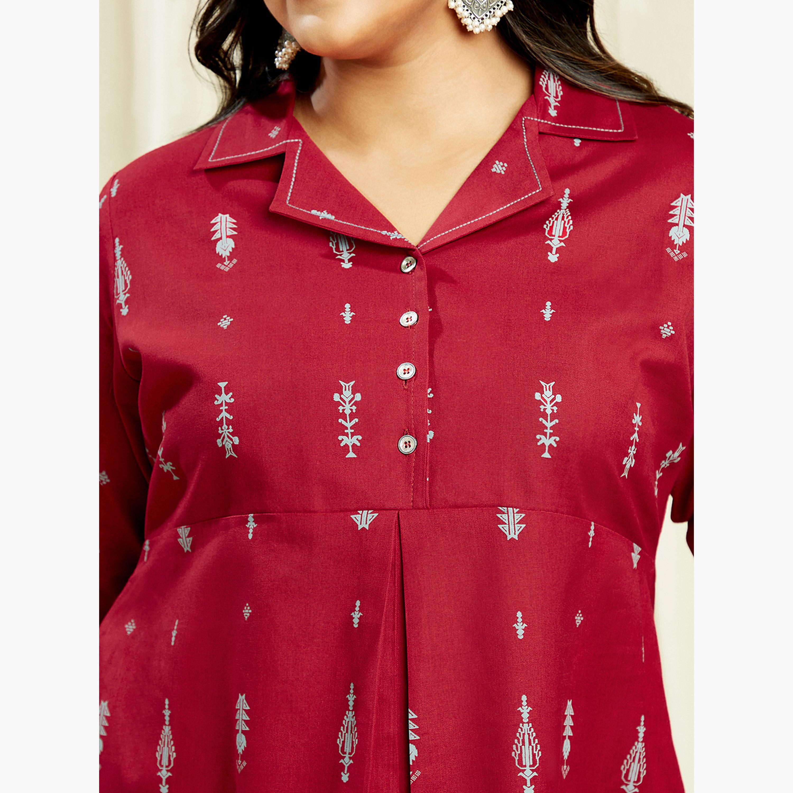 غلوبوس × ستايلي - فستان متوسط ​​الطول بطبعة عرقية لون برغندي حجم كبير-women-clothing-ethnicwear-dresses-image-4