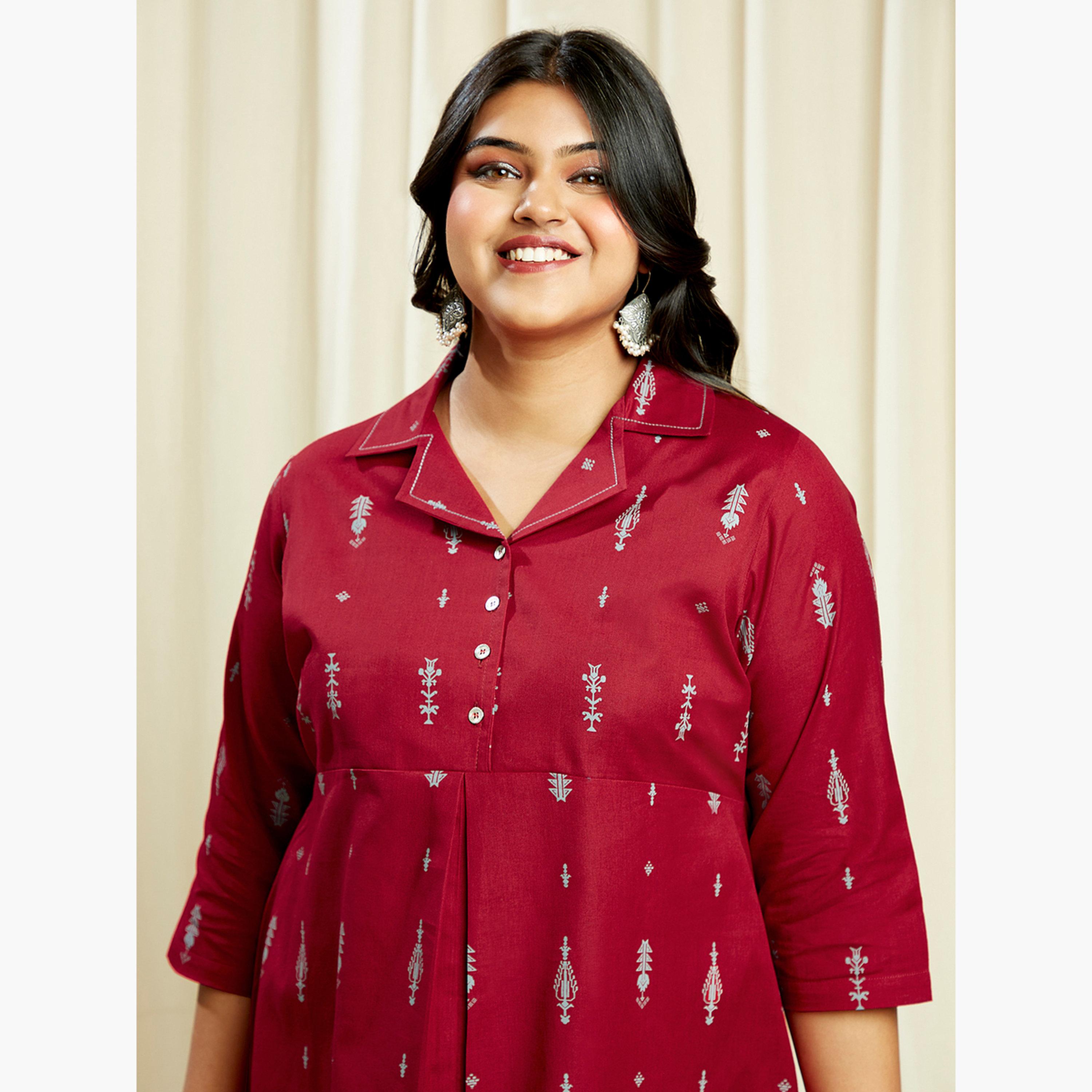 Globus X Styli Plus Size Maroon Ethnic Print Midi Dress-women-clothing-ethnicwear-dresses-image-5