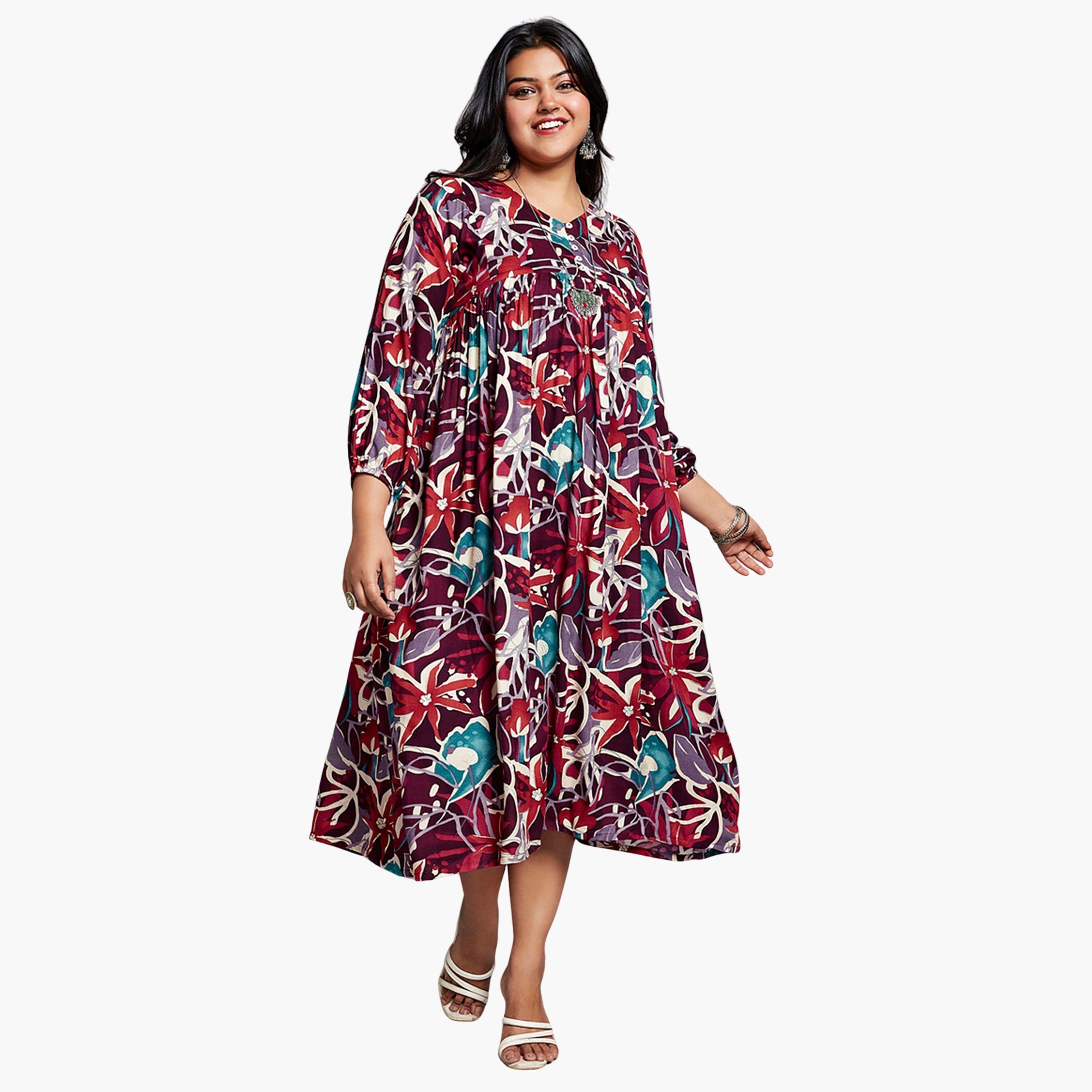 Globus X Styli Plus Size Multi All Over Print Fusion Midi Dress-women-clothing-dresses-image-1
