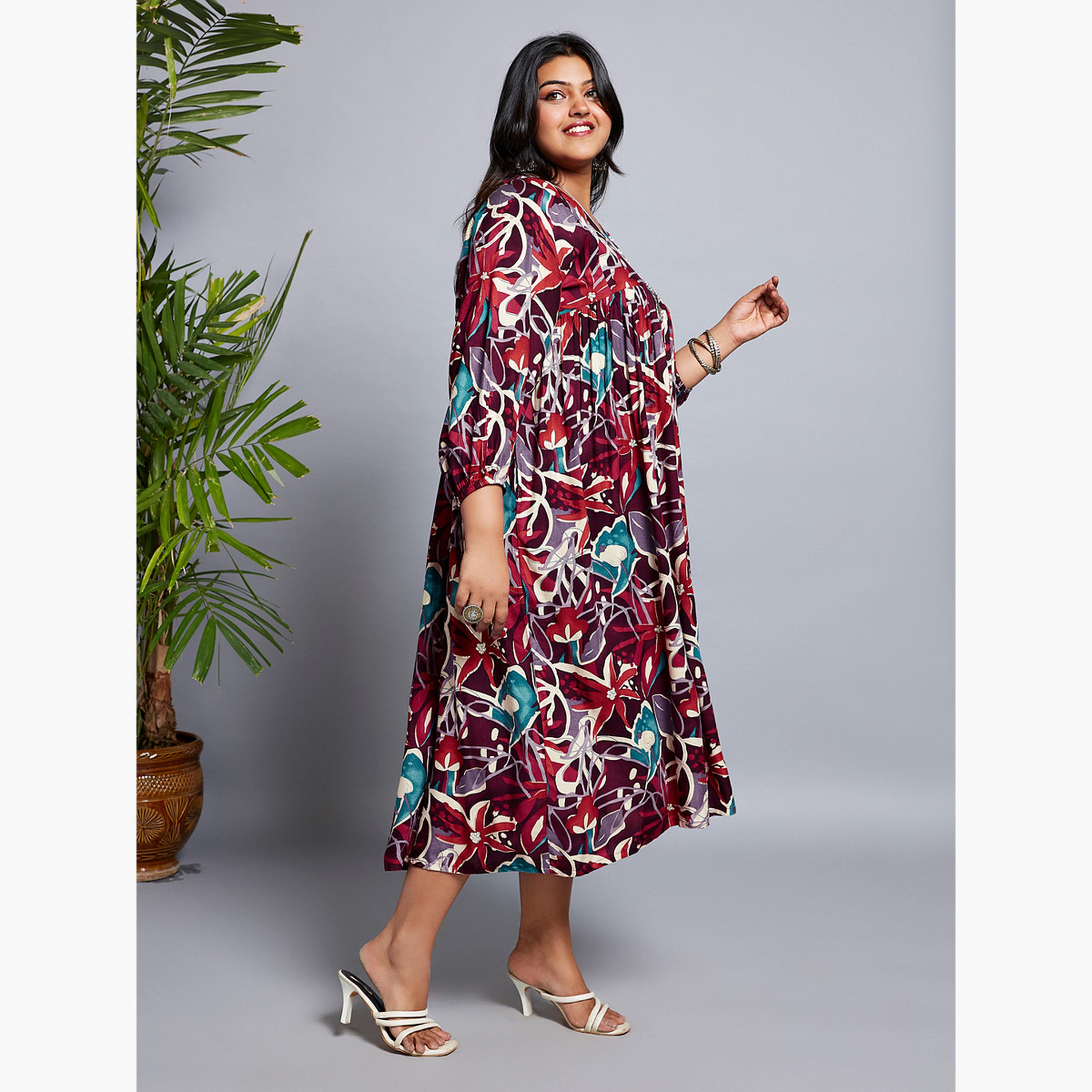 Globus X Styli Plus Size Multi All Over Print Fusion Midi Dress-women-clothing-dresses-image-2