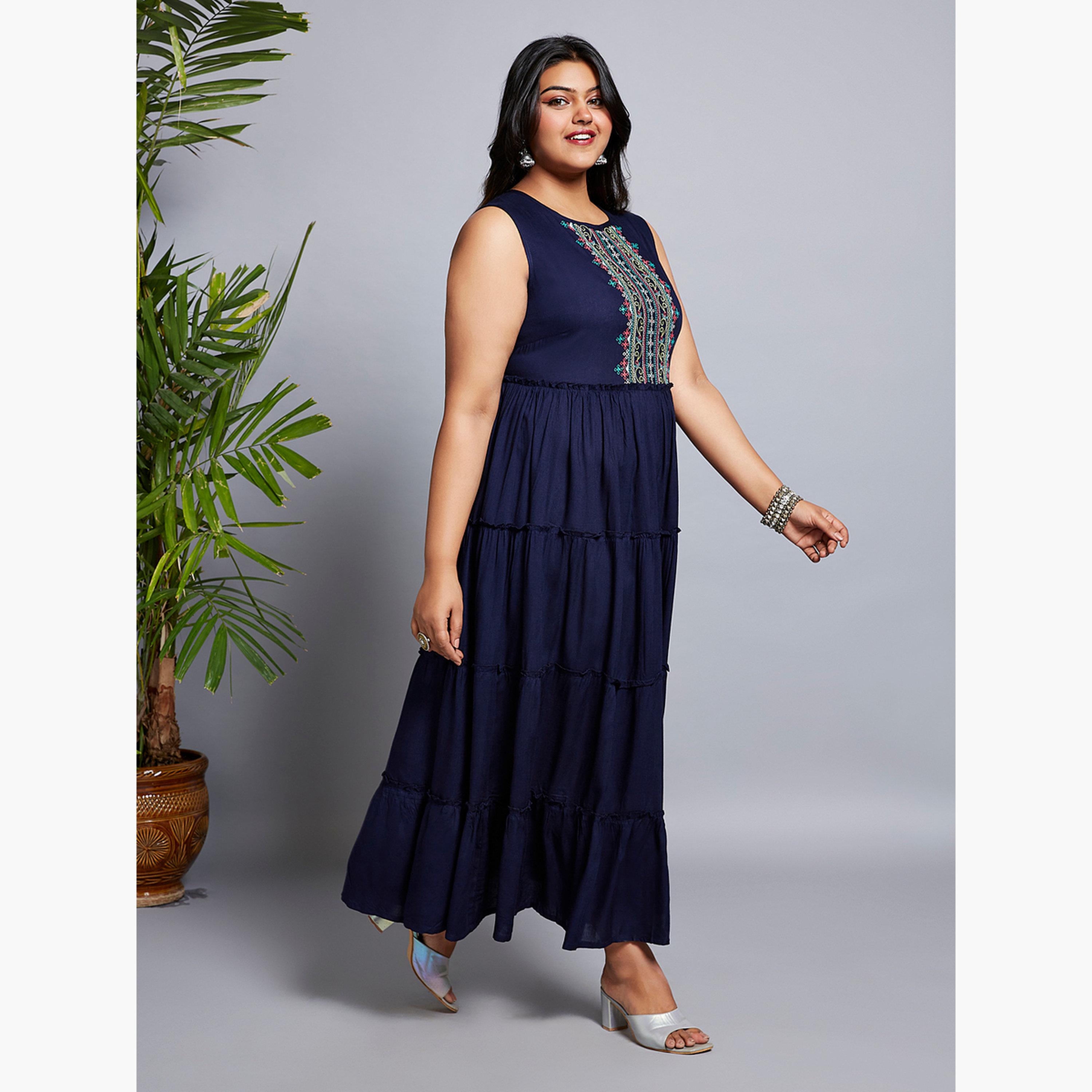 Globus X Styli Plus Size Blue Embroidered Yoke Maxi Dress-women-clothing-ethnicwear-dresses-image-2
