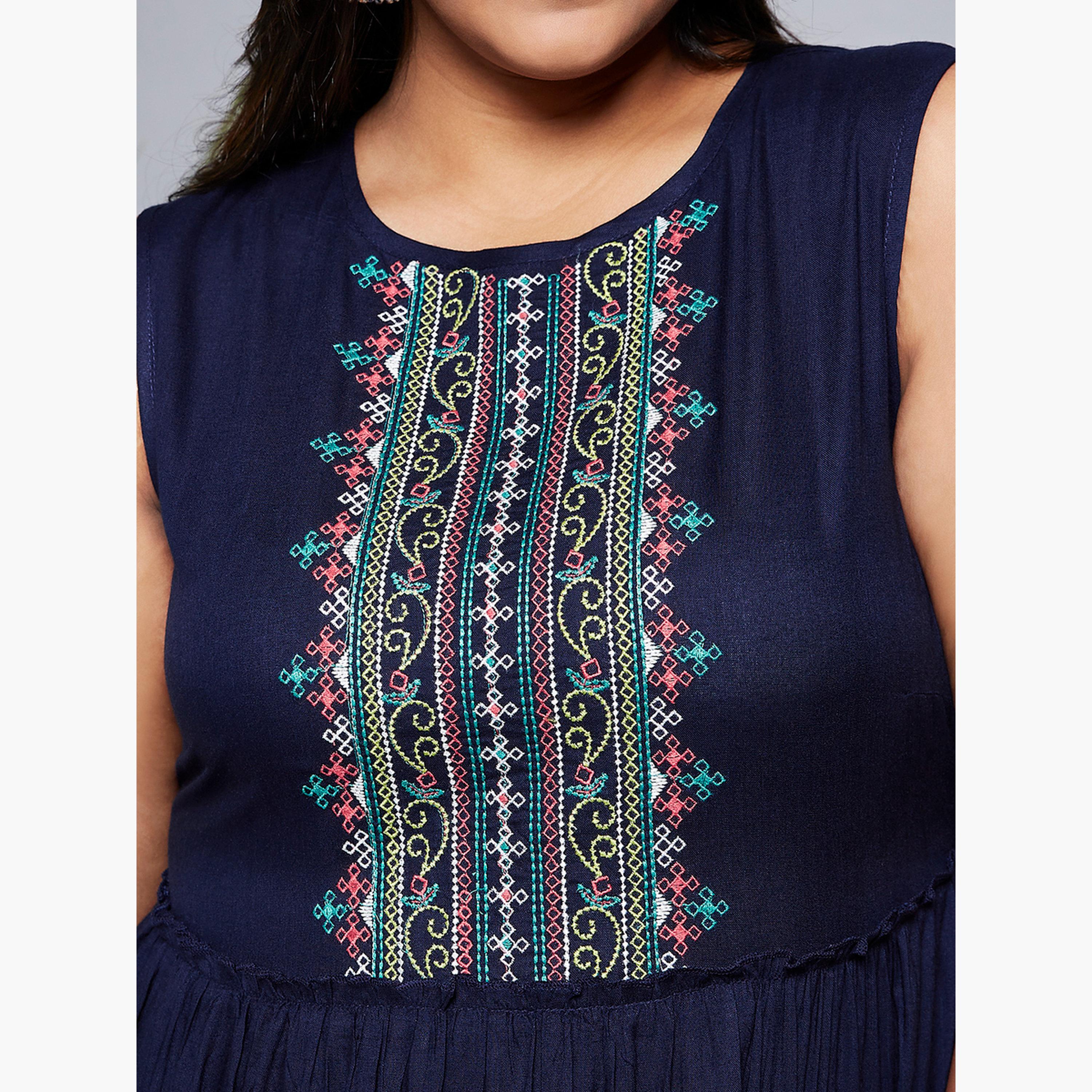 Globus X Styli Plus Size Blue Embroidered Yoke Maxi Dress-women-clothing-ethnicwear-dresses-image-4