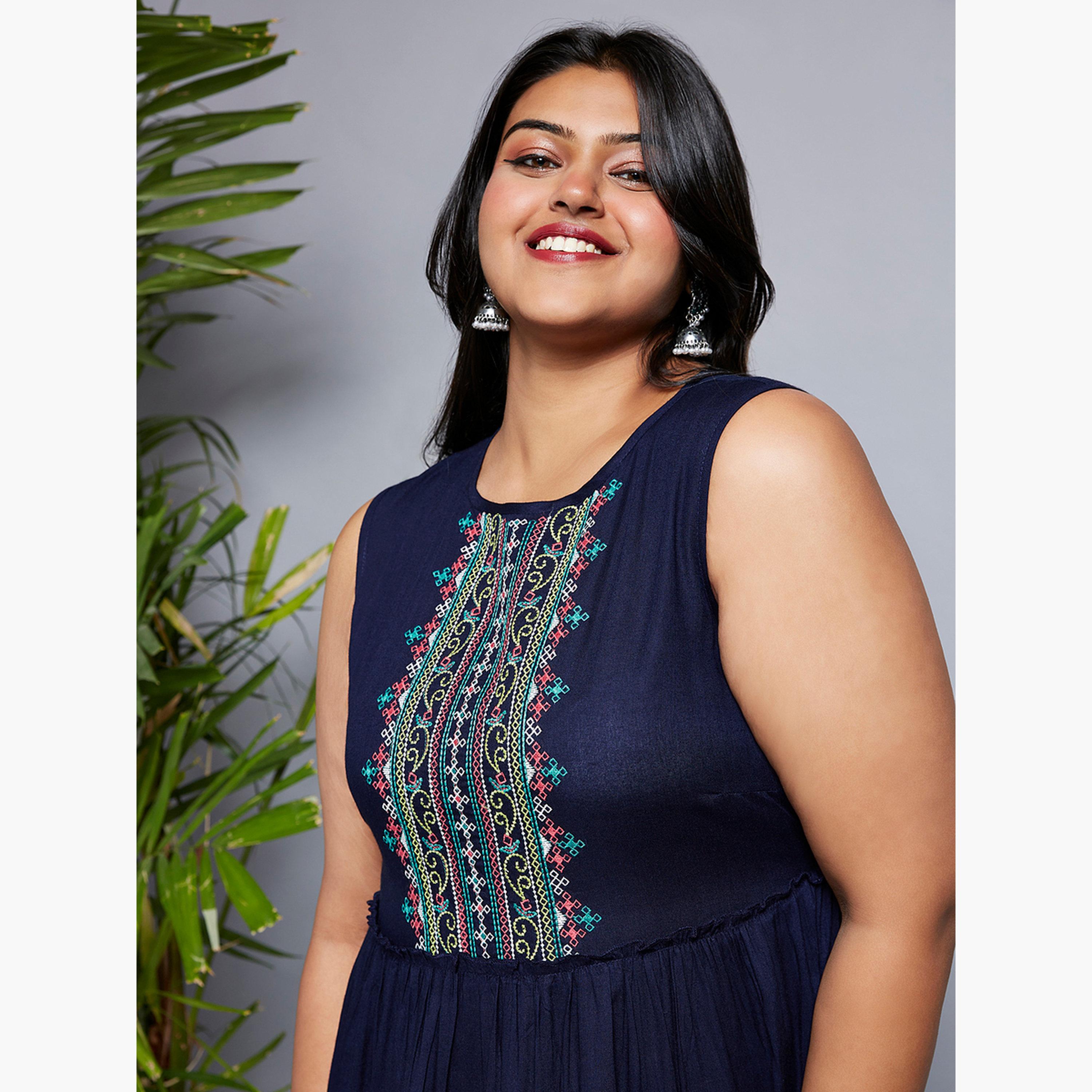 Globus X Styli Plus Size Blue Embroidered Yoke Maxi Dress-women-clothing-ethnicwear-dresses-image-5
