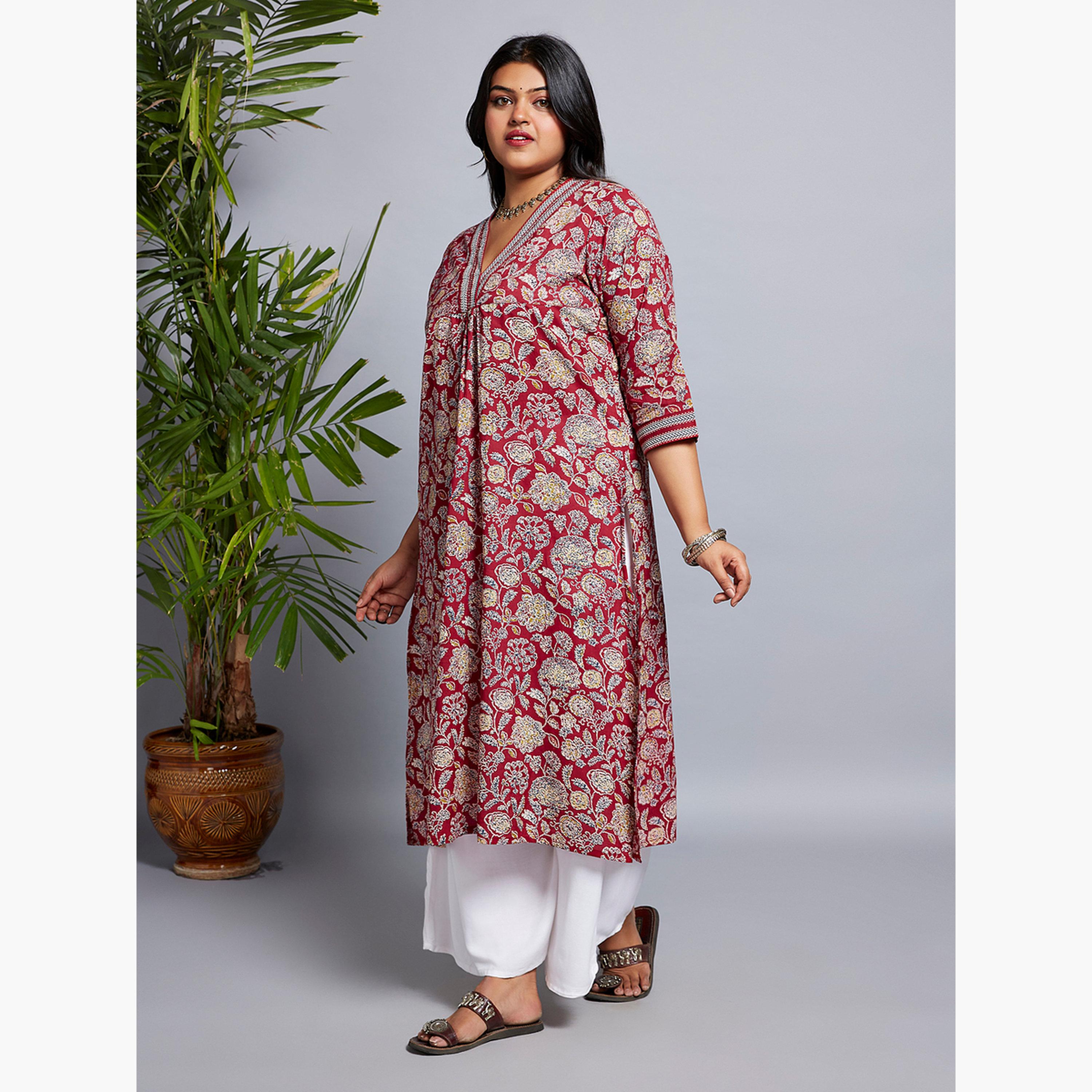 غلوبوس × ستايلي - كورتا عمل بطبعة زهور لون كستنائي بمقاسات كبيرة-women-clothing-ethnicwear-kurtas-image-2