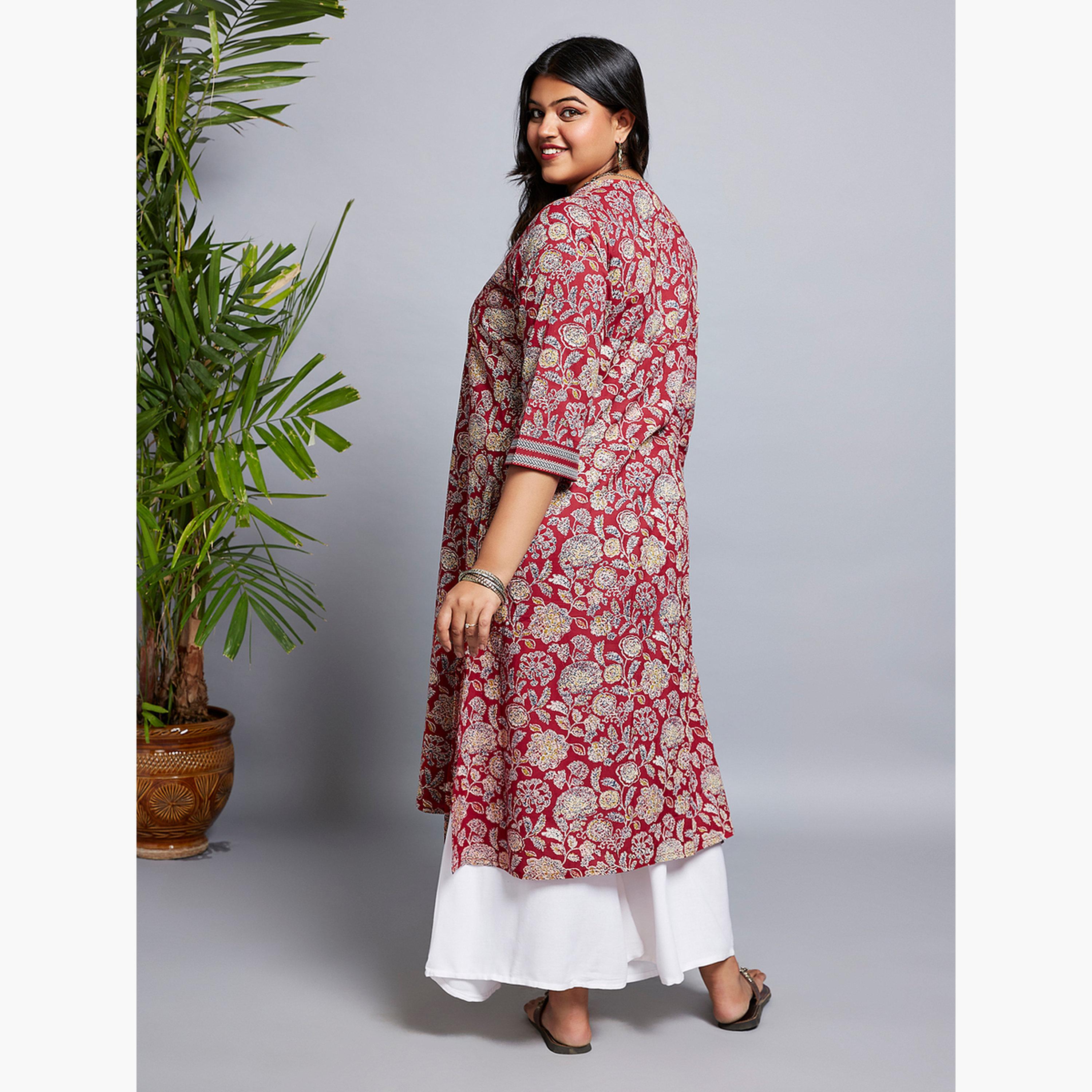 غلوبوس × ستايلي - كورتا عمل بطبعة زهور لون كستنائي بمقاسات كبيرة-women-clothing-ethnicwear-kurtas-image-3