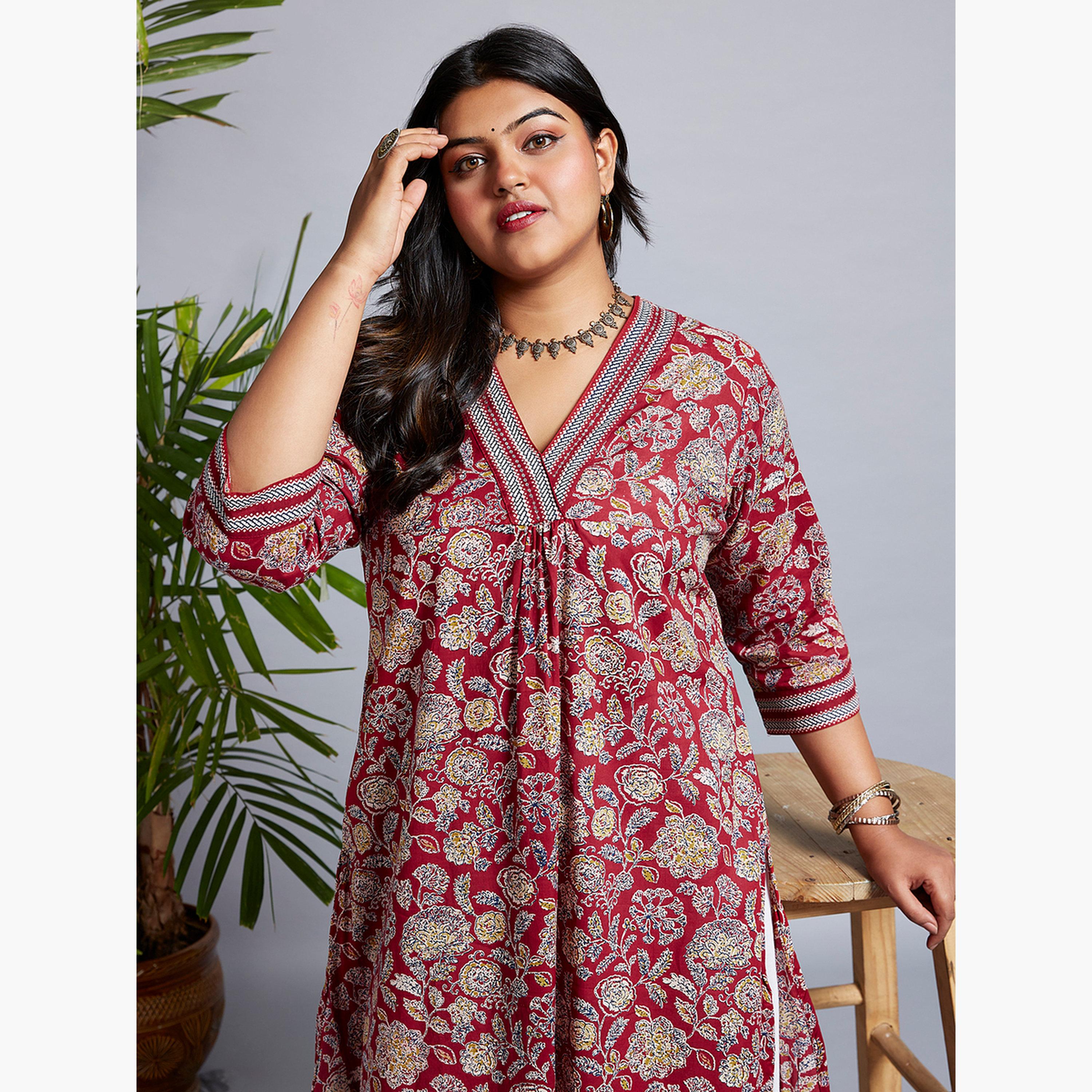 غلوبوس × ستايلي - كورتا عمل بطبعة زهور لون كستنائي بمقاسات كبيرة-women-clothing-ethnicwear-kurtas-image-4