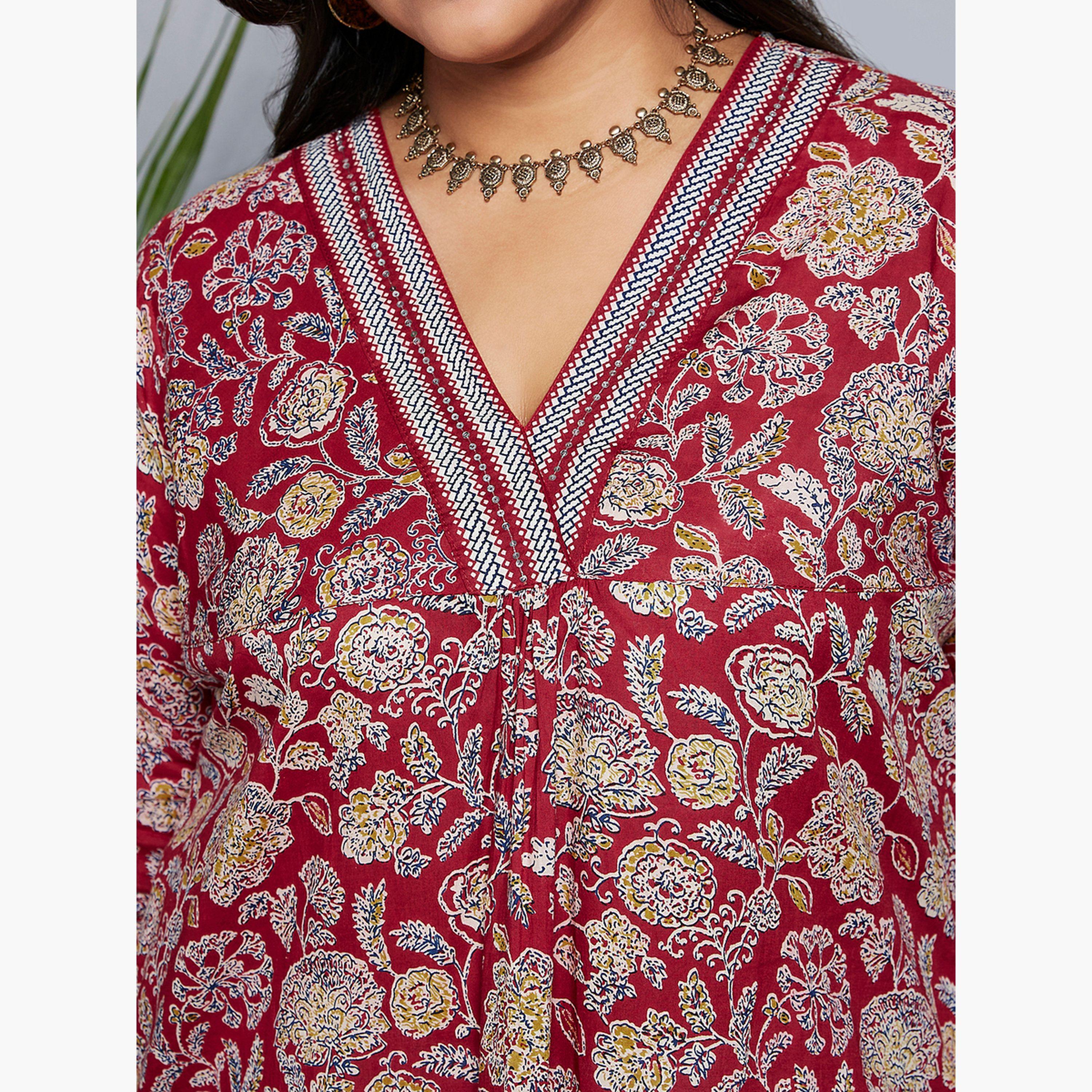 غلوبوس × ستايلي - كورتا عمل بطبعة زهور لون كستنائي بمقاسات كبيرة-women-clothing-ethnicwear-kurtas-image-5