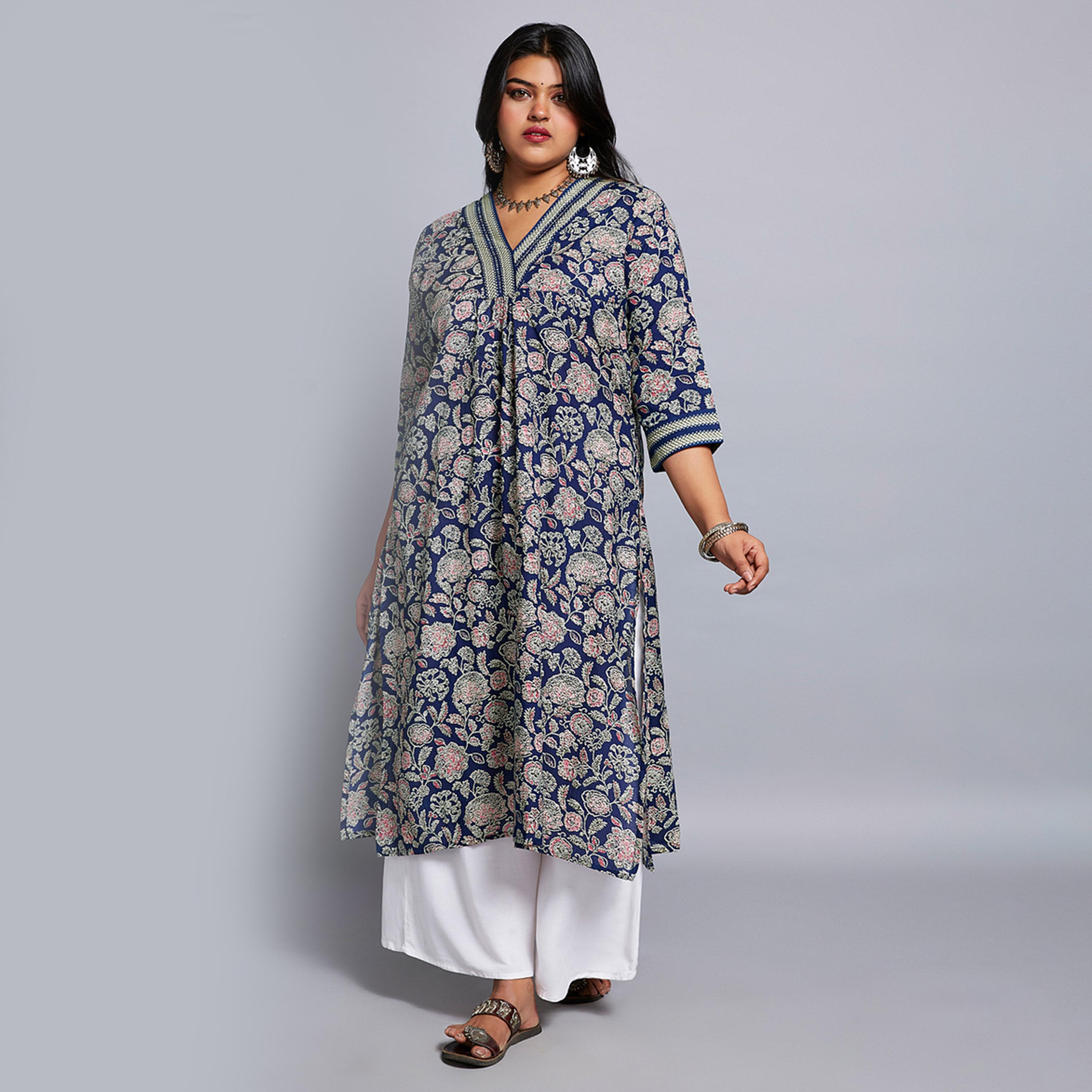 Globus X Styli Plus Size Blue All Over Floral Print Workwear Kurta-women-clothing-ethnicwear-kurtas-image-1