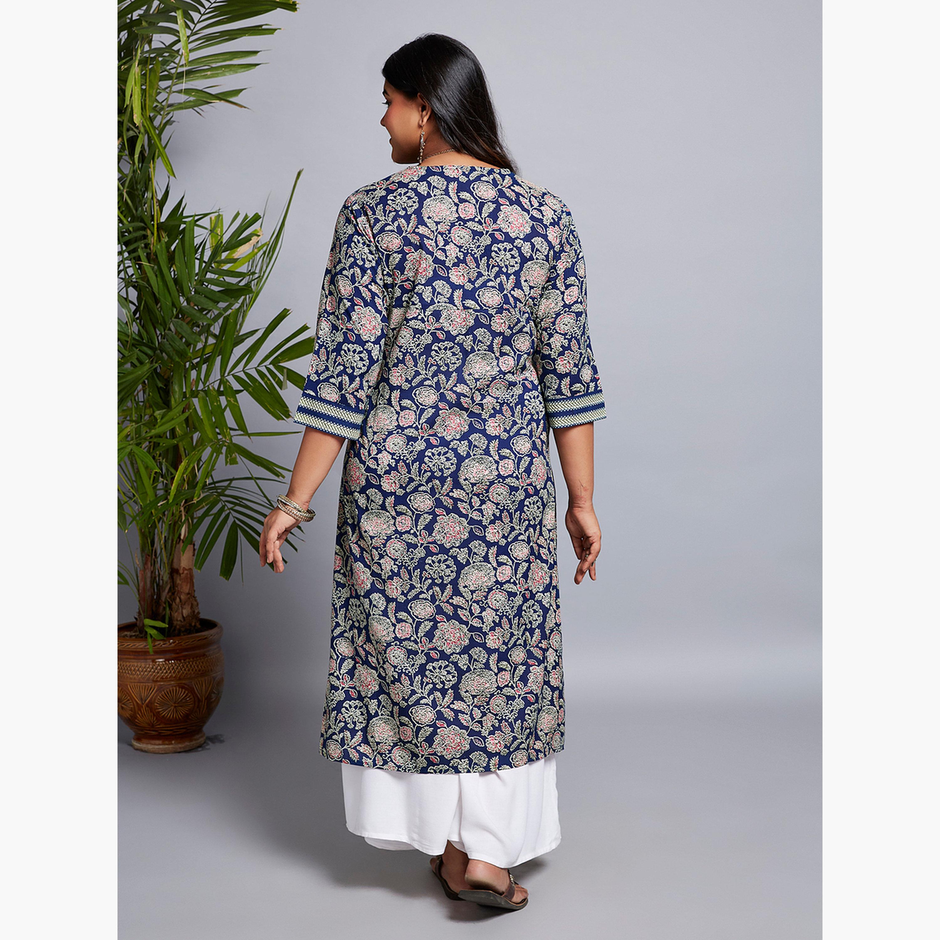 غلوبوس × ستايلي - كورتا عمل بطبعة زهور كاملة لون أزرق حجم كبير-women-clothing-ethnicwear-kurtas-image-3