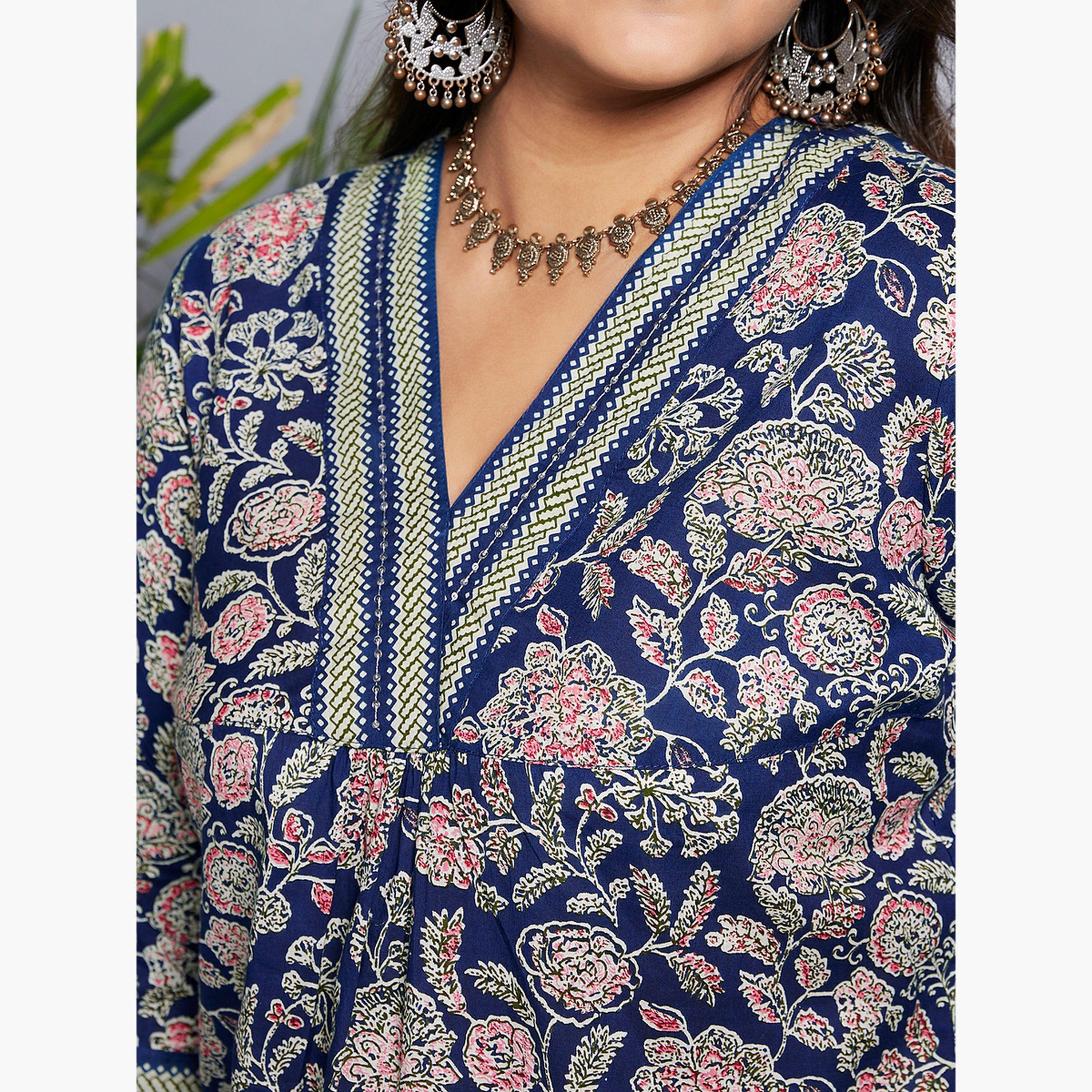 Globus X Styli Plus Size Blue All Over Floral Print Workwear Kurta-women-clothing-ethnicwear-kurtas-image-5