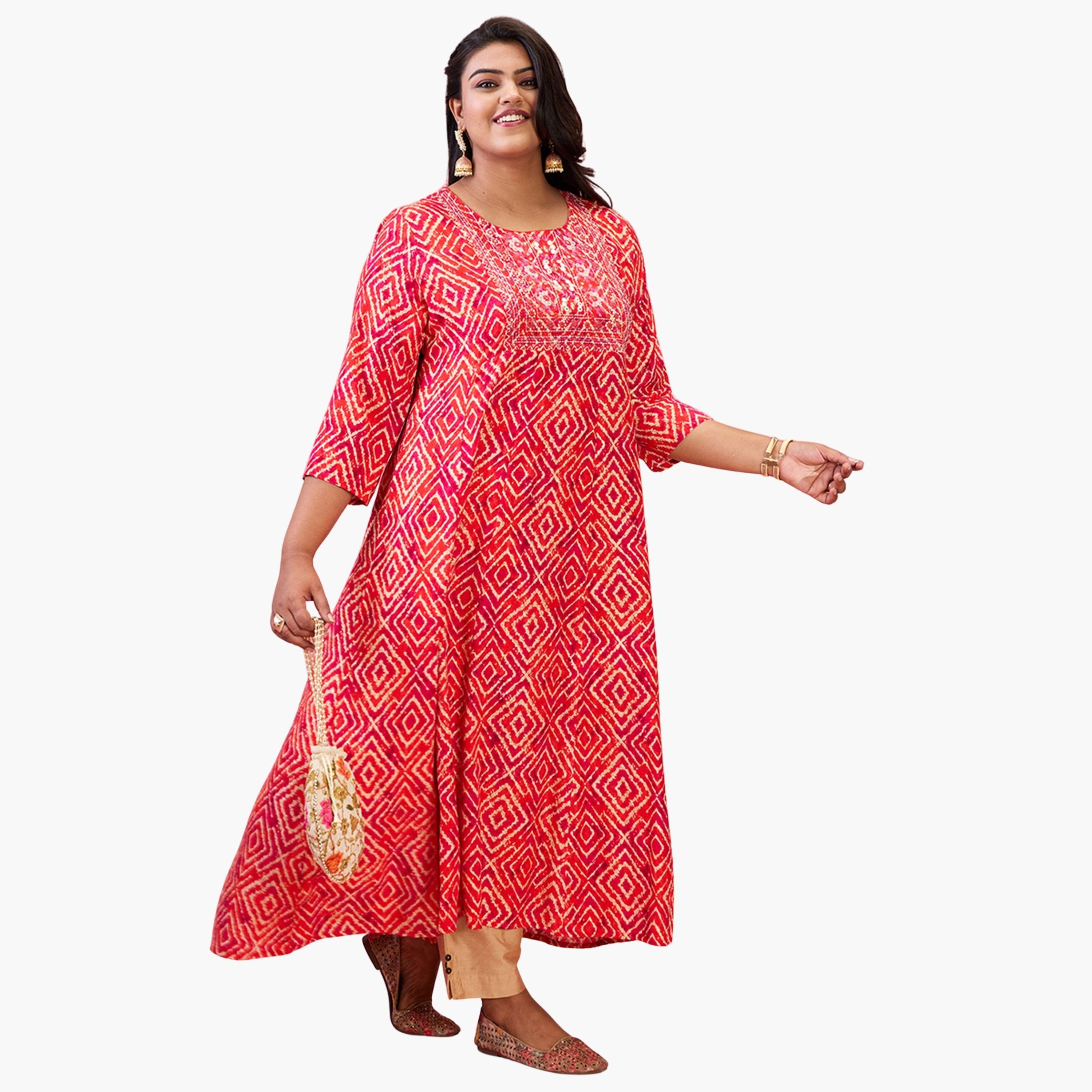 Globus X Styli Plus Size Red Geometric Print A-Line Kurta-women-clothing-ethnicwear-kurtas-image-1