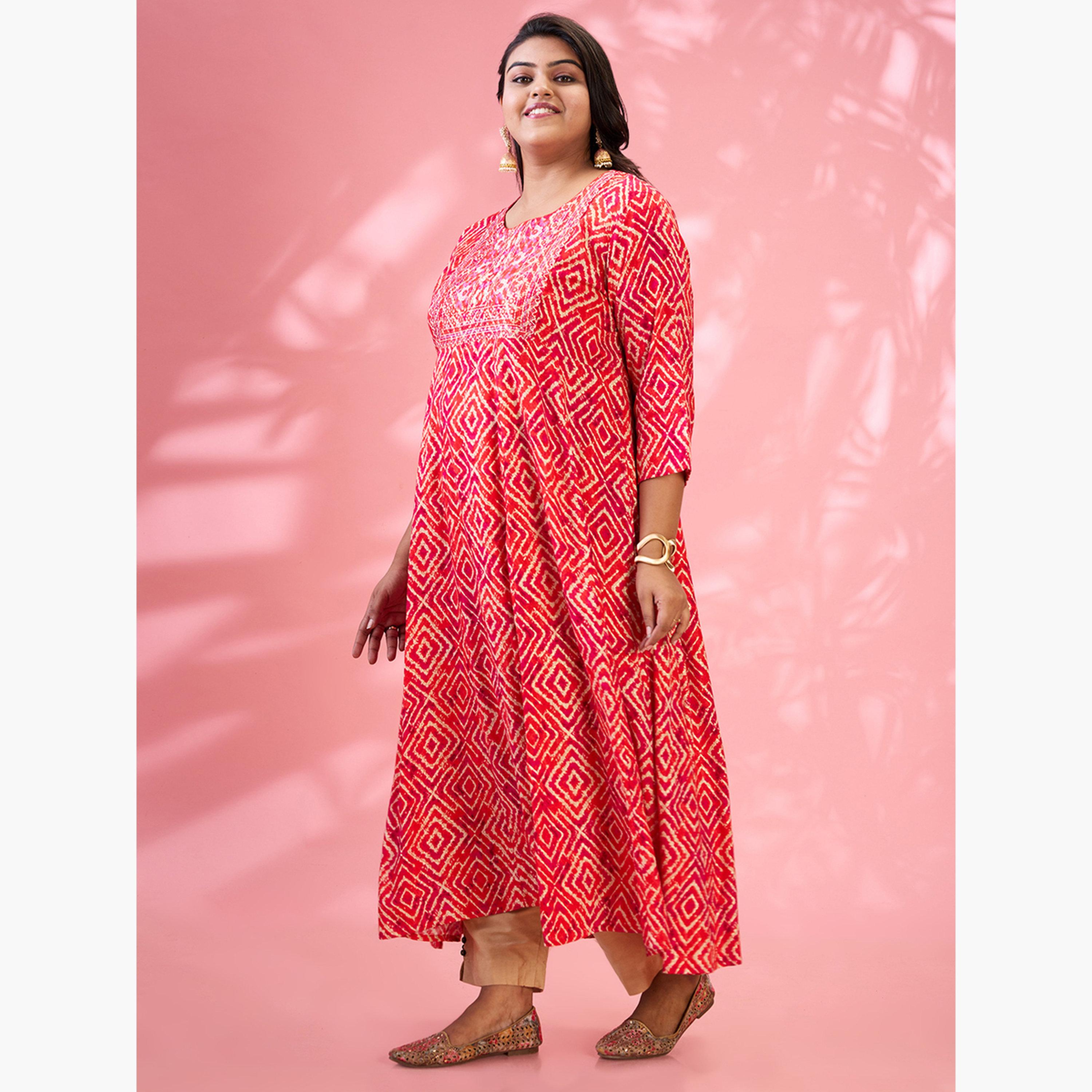 Globus X Styli Plus Size Red Geometric Print A-Line Kurta-women-clothing-ethnicwear-kurtas-image-2