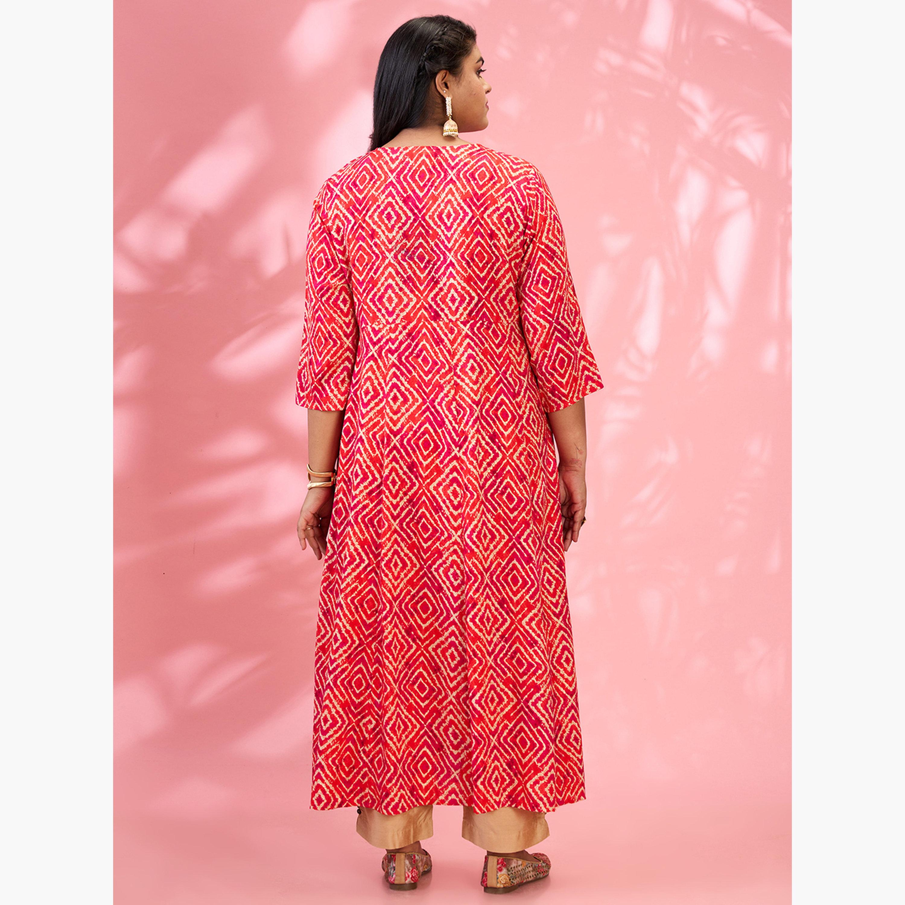 Globus X Styli Plus Size Red Geometric Print A-Line Kurta-women-clothing-ethnicwear-kurtas-image-3